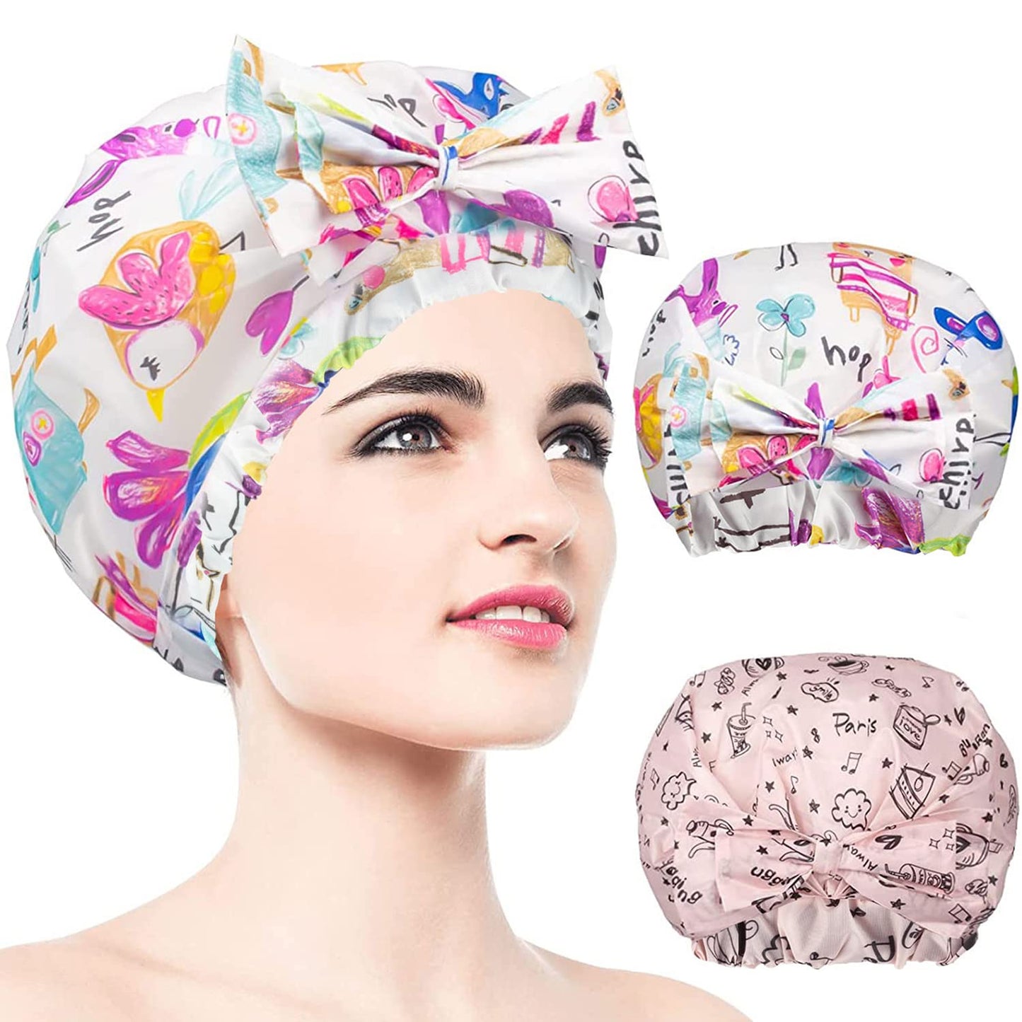 2 PCS Shower Caps, Reusable & Extra Large & Adjustable & Double Layer Waterproof Bow Knot Hair Reusable Cap for Women, Waterproof Outer & EVA Lining Beauty and Personal Care WINSTECK