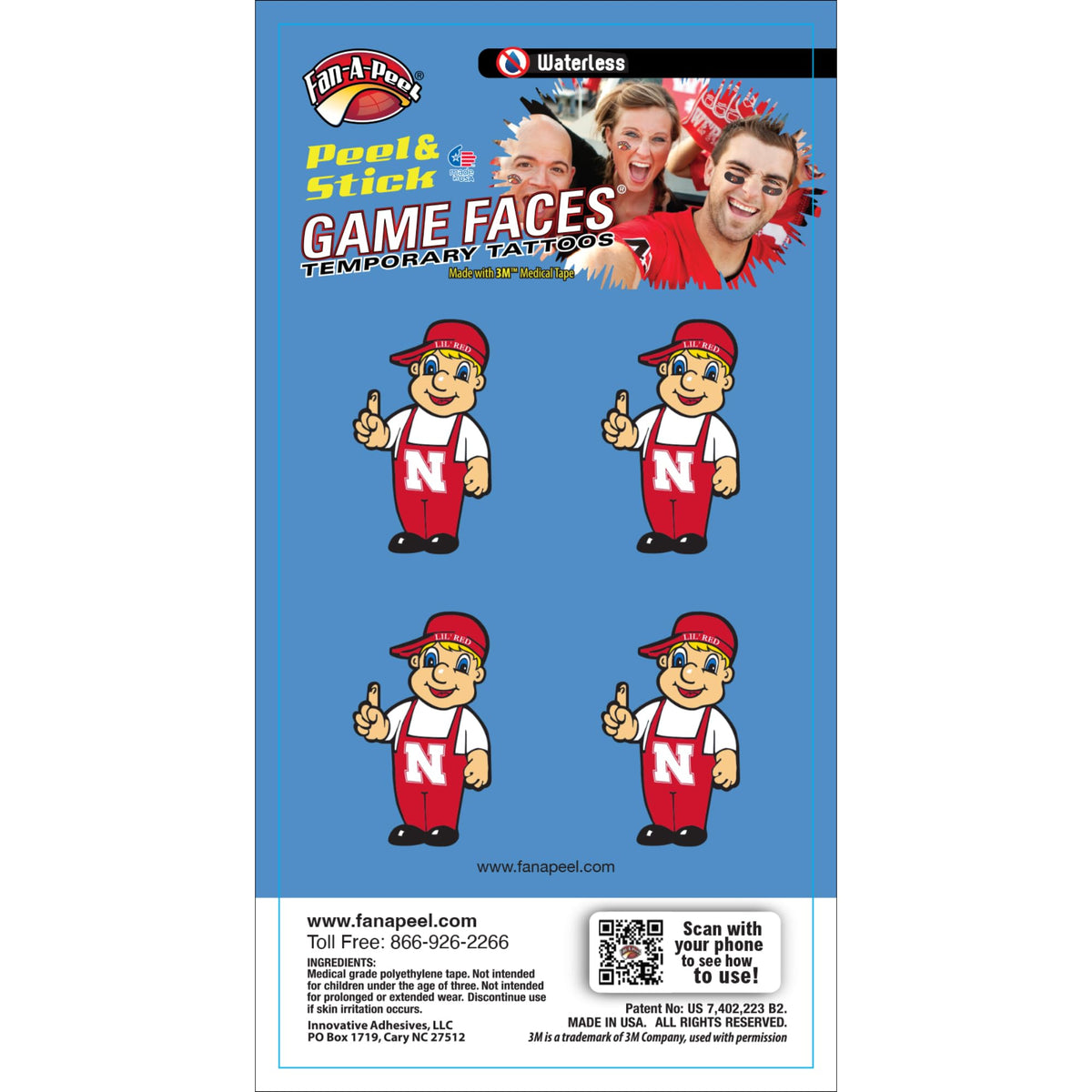 Fan-A-Peel Nebraska Waterless Temporary Tattoos - Hypoallergenic Peel and Stick Waterproof Temporary Tattoos - Officially Licensed