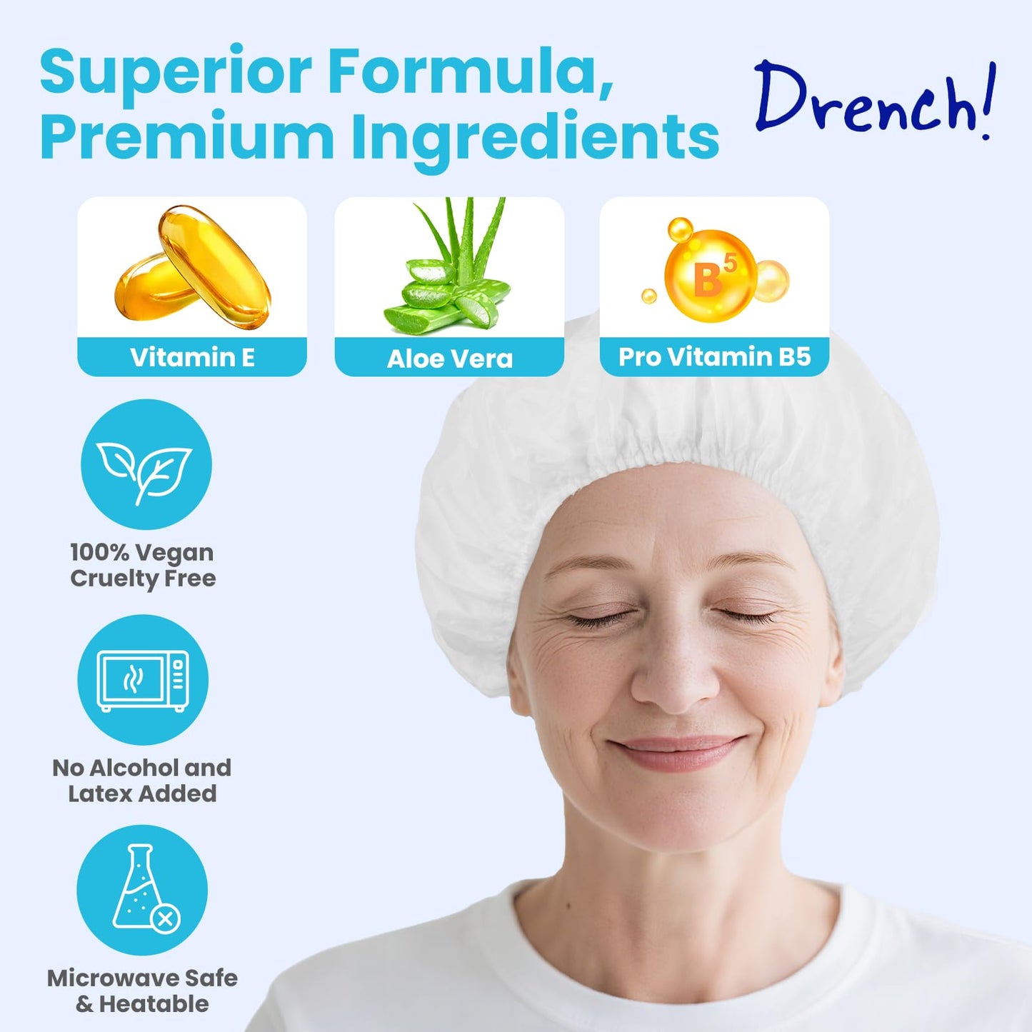 Drench No Water Hair Washing Cap - Waterless Shower Caps with Shampoo and Conditioner - Disposable Rinse Free Wash Aids - Ideal for Elderly Beauty and Personal Care Drench! Medical