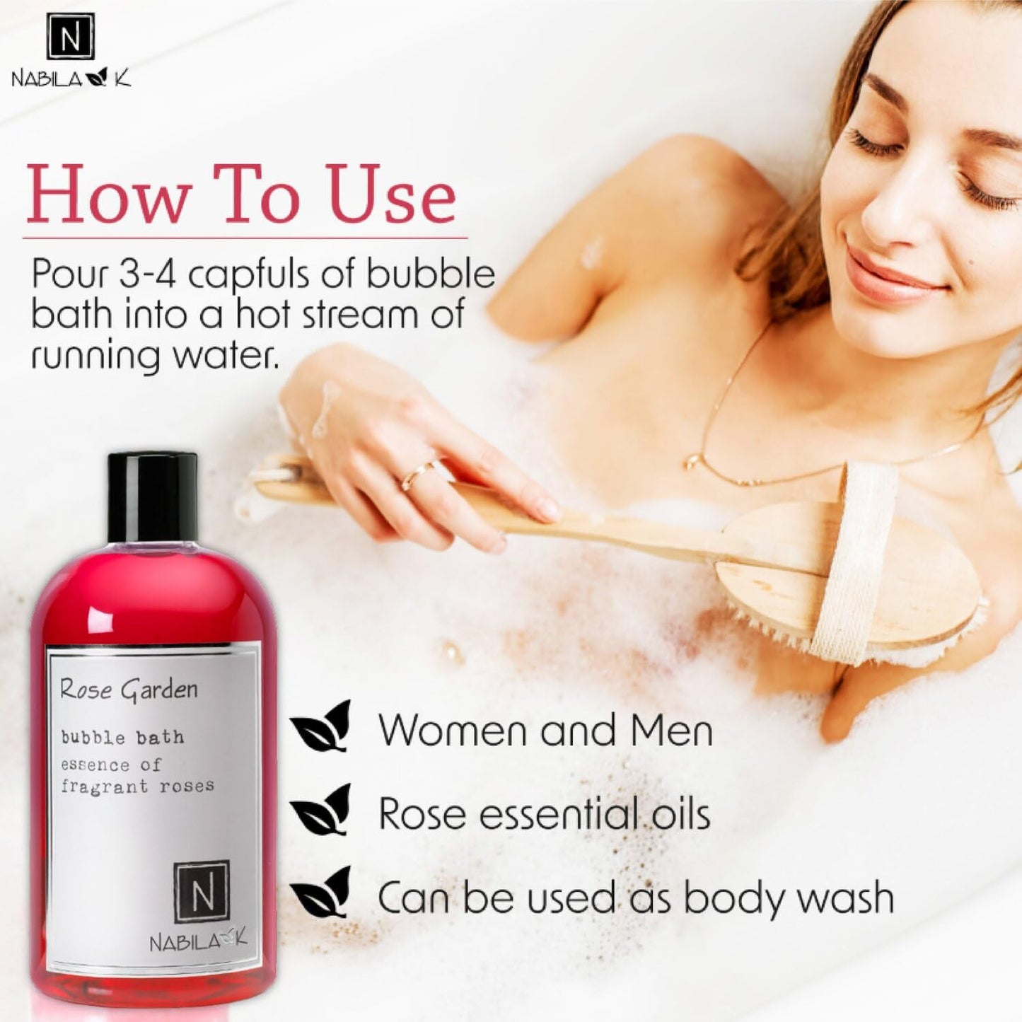 Nabila K Rose Garden Bubble Bath with Rose Essential Oils - Natural & Organic, Sulfate-Free, Tear-Free - Luxury Aromatherapy Floral Bath Soak Beauty and Personal Care Nabila K