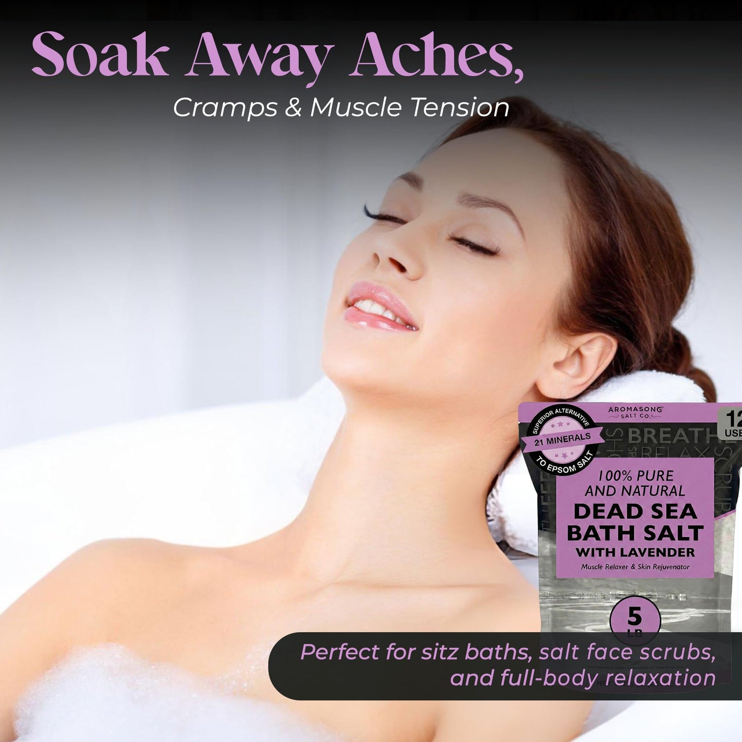 Aromasong Pure Dead Sea Salt for Soaking with 100% Natural Lavender, 5 LB - Spa Bath Salt Fine Grain - Body Wash Scrub - Soak for Women & Men- Bulk Beauty and Personal Care Aromasong