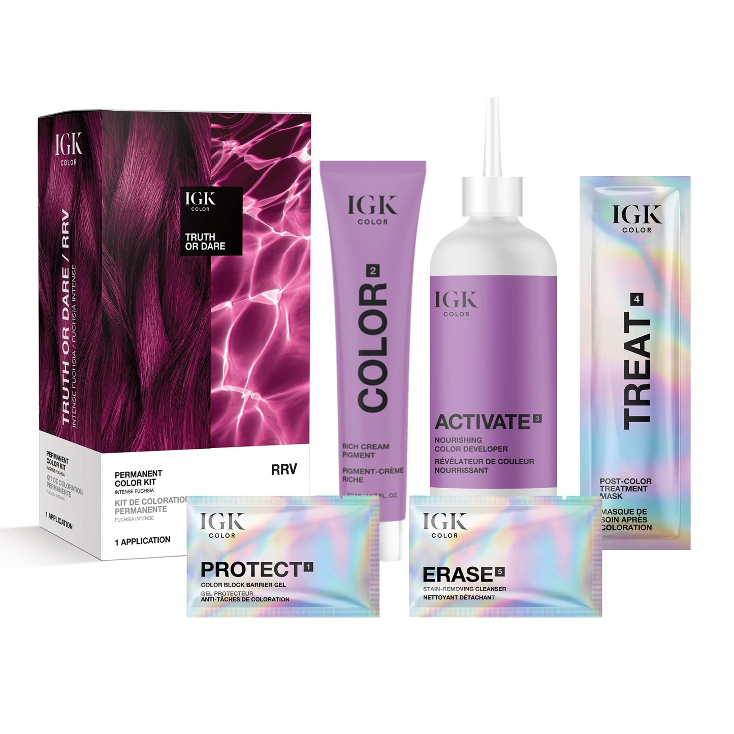 IGK Permanent Hair Dye Color Kit | RRV Truth or Dare - Intense Fuchsia | 100% Gray Color Coverage + Strengthen + Shine | Ammonia Free Beauty & Personal Care IGK
