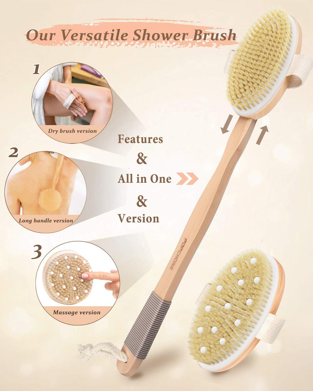 Dry Brushing Body Brush, POPCHOSE Body Scrubber for Men Women, Back Scrubber for Shower, Natural Bristle Exfoliator Scrubber for Body Cellulite Beauty & Personal Care POPCHOSE