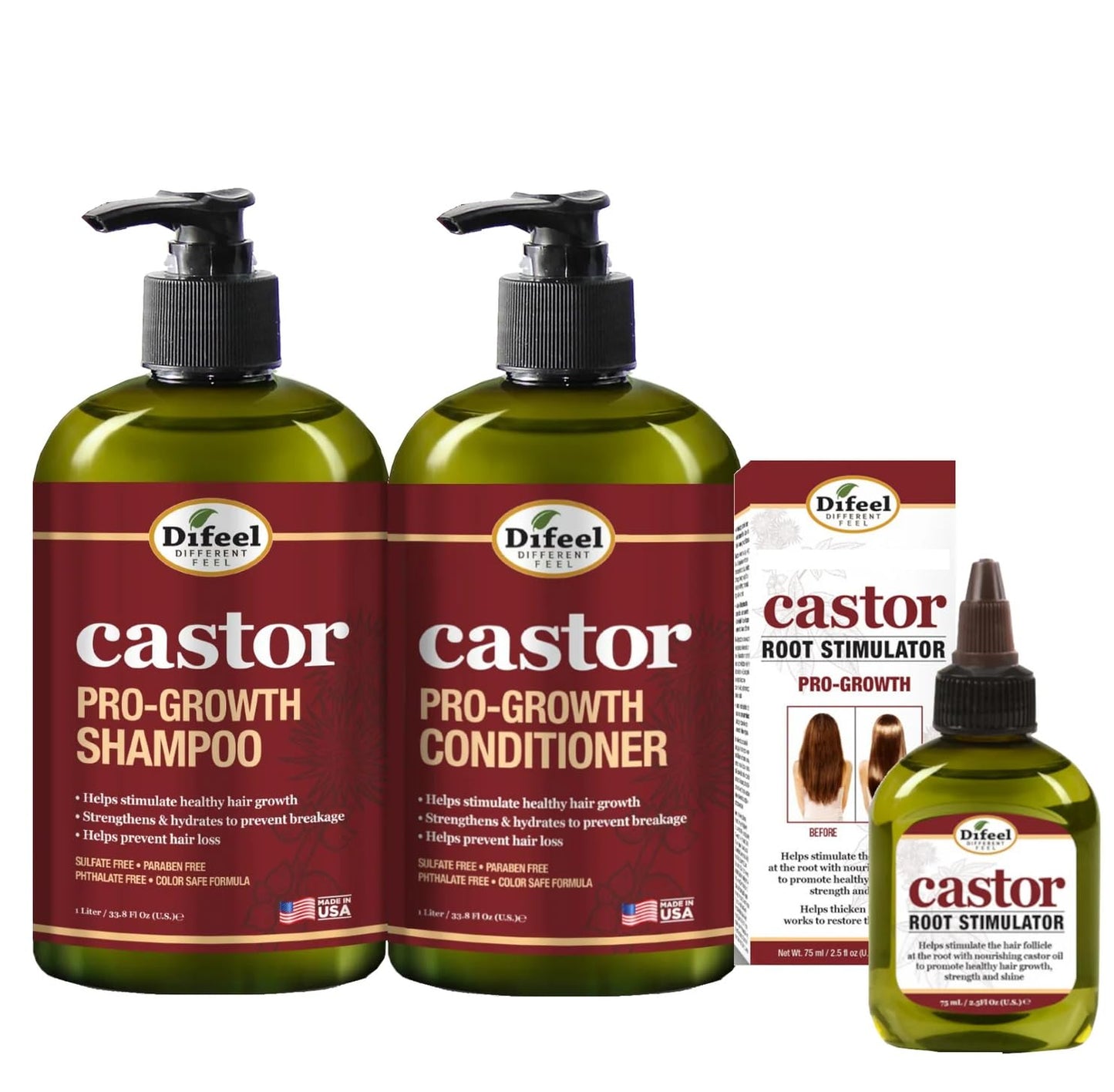 Difeel 3-PC Castor Pro-Growth Hair Growth: Cleansing & Treatment Set - Includes 12 oz Shampoo, 12oz Conditioner, & 2.5oz Root Stimulator Beauty & Personal Care Difeel
