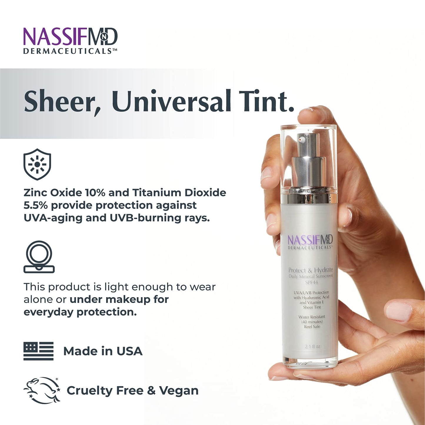 NassifMD Protect and Hydrate SPF44 | Universal Tinted Moisturizer SPF | BB Cream Tinted Moisturizer with SPF | Whipped Sunscreen with Hyaluronic Acid Beauty & Personal Care NASSIFMD