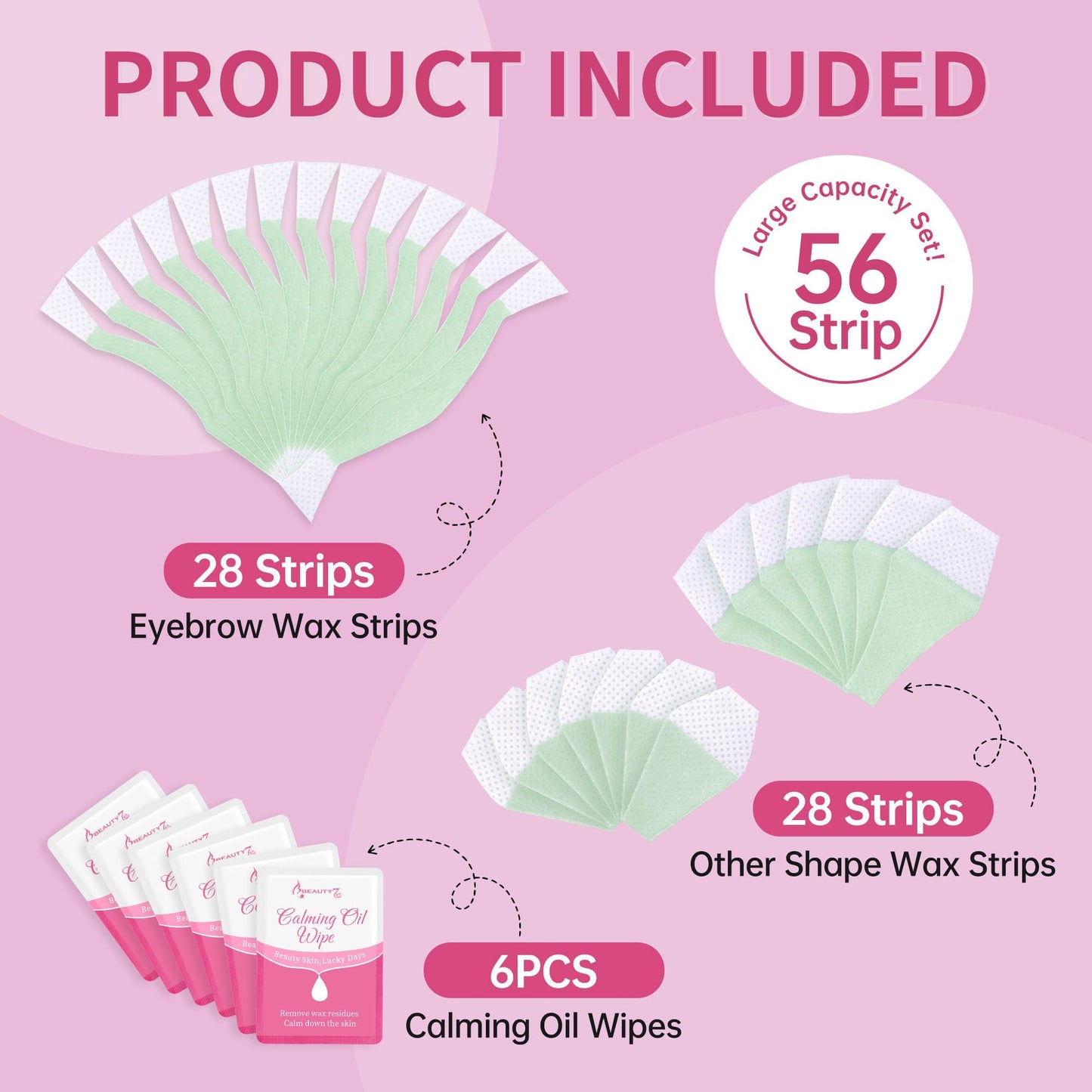 Beauty7 Eyebrow Wax Strips at Home for Women, Facial Hair Removal Waxing Strips for Face, Large Pack 56 Strips with 6 Calming Oil Wipes for All Skin Beauty and Personal Care Beauty7