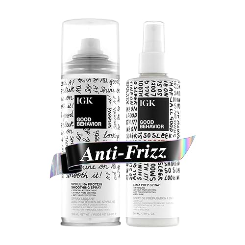 IGK GOOD BEHAVIOR Smoothing Frizz Fighters Set | 4-in-1 Prep Spray + Spirulina Protein Smoothing Spray | Frizz Control + Heat Protectant | Vegan + Beauty & Personal Care IGK