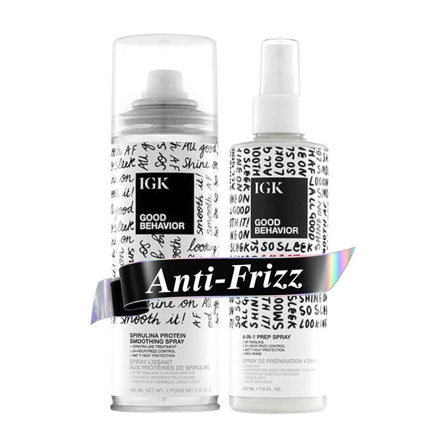 IGK GOOD BEHAVIOR Smoothing Frizz Fighters Set | 4-in-1 Prep Spray + Spirulina Protein Smoothing Spray | Frizz Control + Heat Protectant | Vegan + Beauty & Personal Care IGK