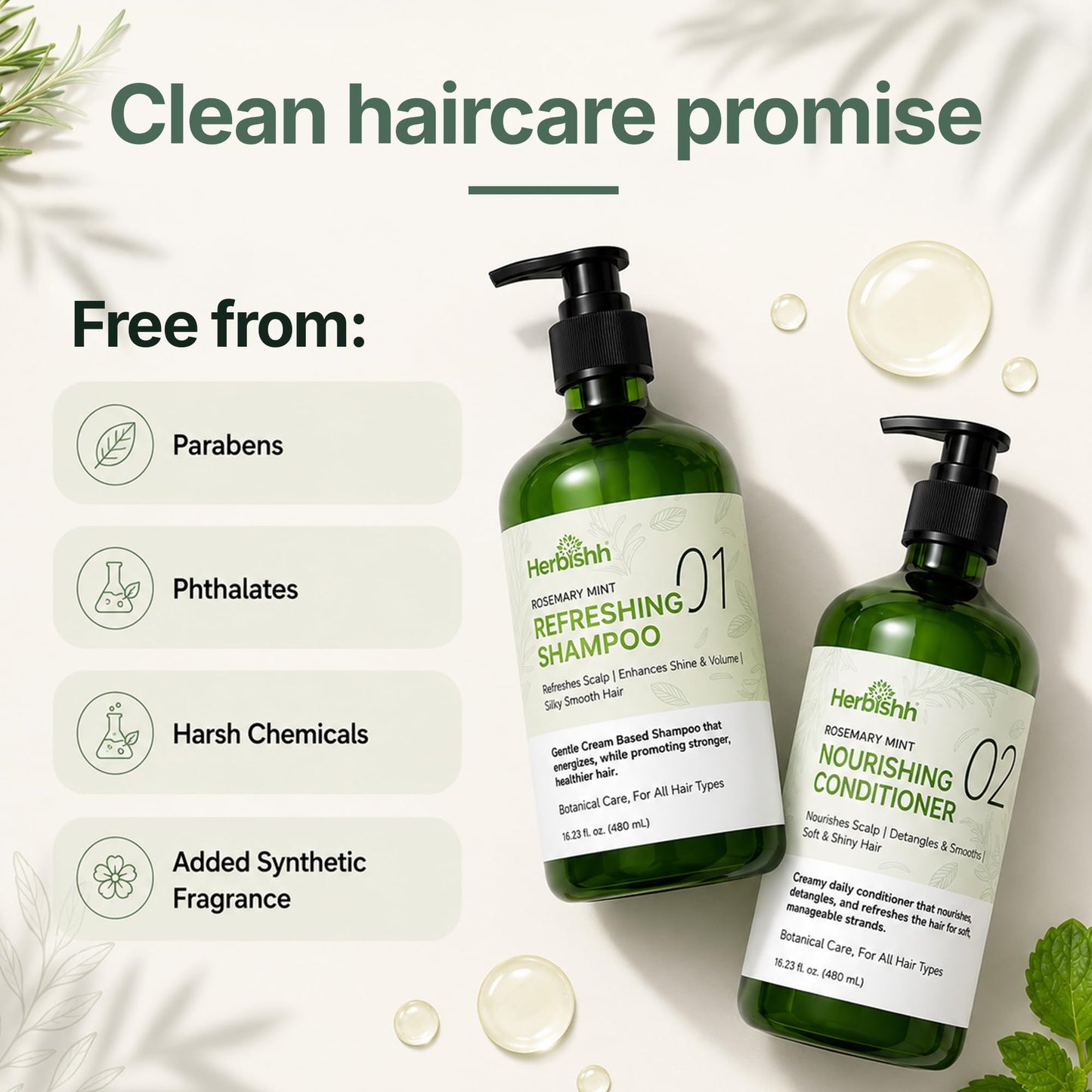 Herbishh Rosemary Mint Shampoo & Conditioner Set (16.23 fl. oz Each), Clarifying Shampoo for Oily Hair, Helps Remove Oil & Residue, Nourish Smooth Beauty & Personal Care Herbishh