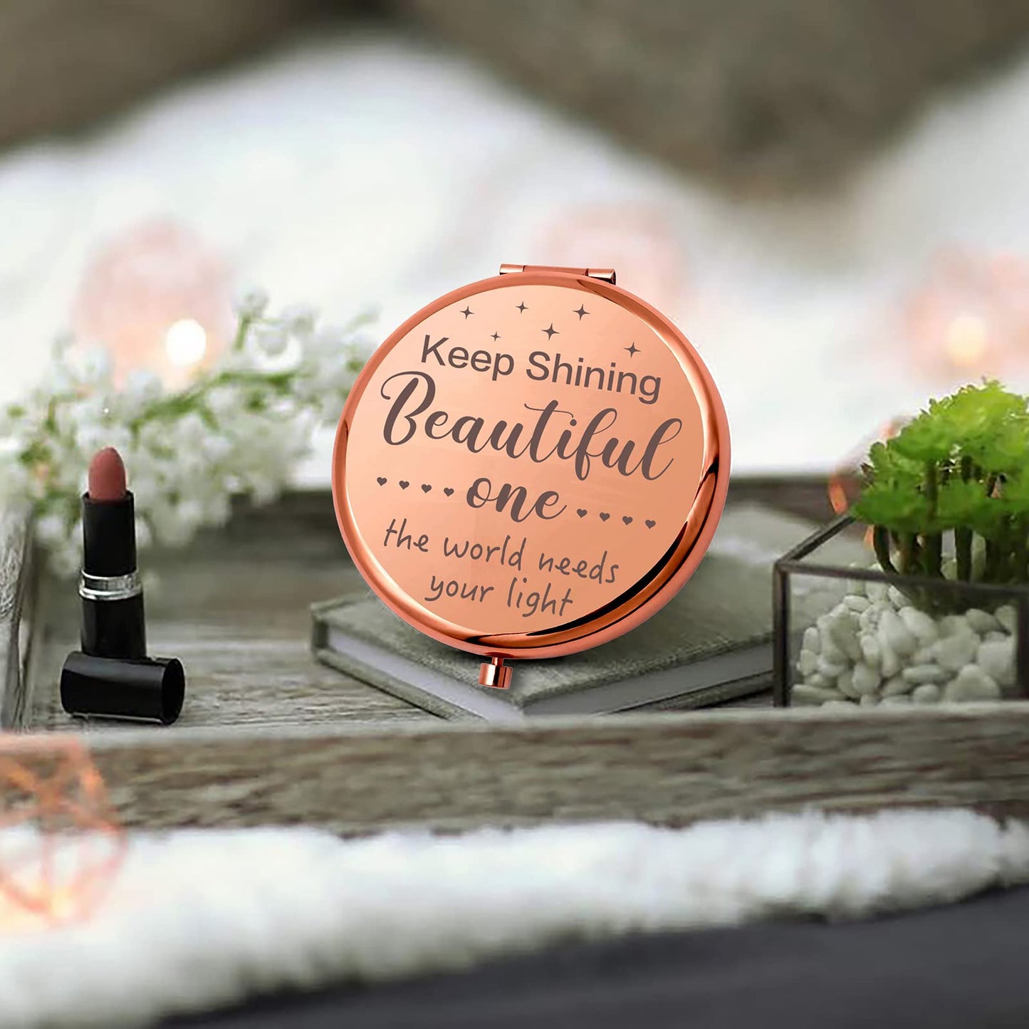 YSUNM Ming Heng Inspirational Personalized Rose Gold Travel Pocket Compact Pocket Makeup Mirror Gift for Best Friend Sister Her Daughter Girlfriend Beauty & Personal Care YSUNM