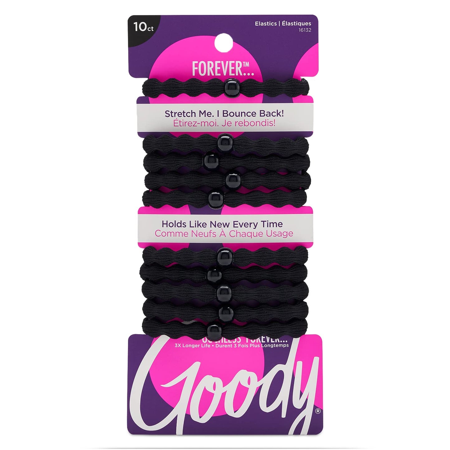 Goody Ouchless Forever Hair Elastics, 10 Ct, Black, Damage-Free Bands, 3X Stronger Elastic Ties, Retainable Shape, 16 Strand Inner Core, Styling Beauty and Personal Care GOODY