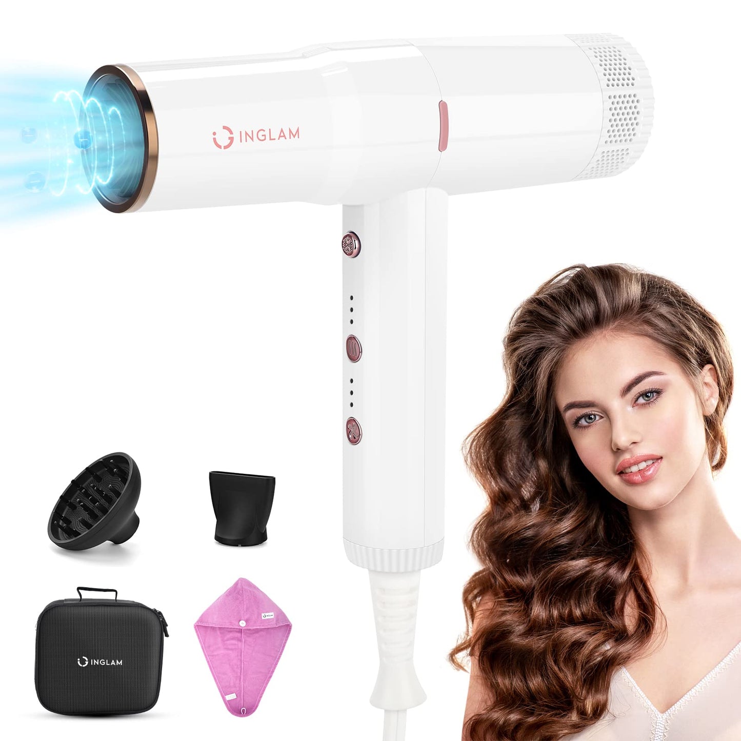 Hair Blow Dryer with Diffuser, IG INGLAM Professional High Speed Brushless Motor Negative Ion Low Noise Constant Temperature, 3 Heat Settings 3 Speeds Beauty & Personal Care IG INGLAM