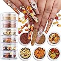 Fall Nail Art, 6 Boxes Fall Leaves Nail Glitters 3D Gold Maple Leaf Nail Sequins with Glitter Powder Gold Yellow Red Autumn Leaves Nail Art Flakes Beauty & Personal Care Qdsuh