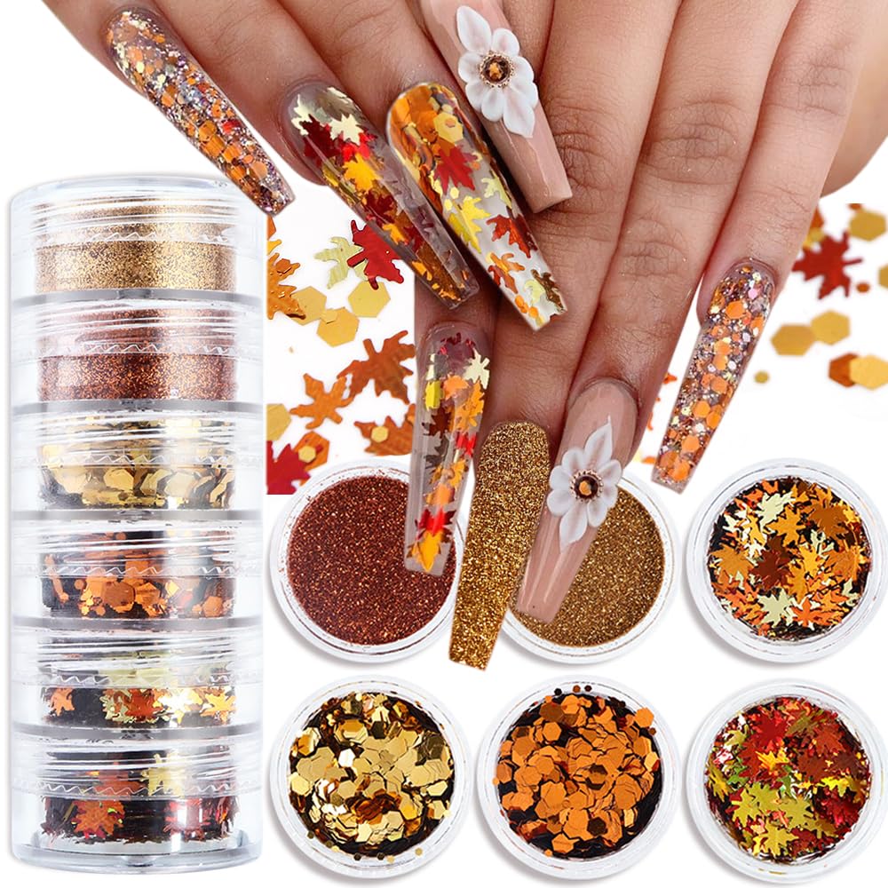 Fall Nail Art, 6 Boxes Fall Leaves Nail Glitters 3D Gold Maple Leaf Nail Sequins with Glitter Powder Gold Yellow Red Autumn Leaves Nail Art Flakes Beauty & Personal Care Qdsuh