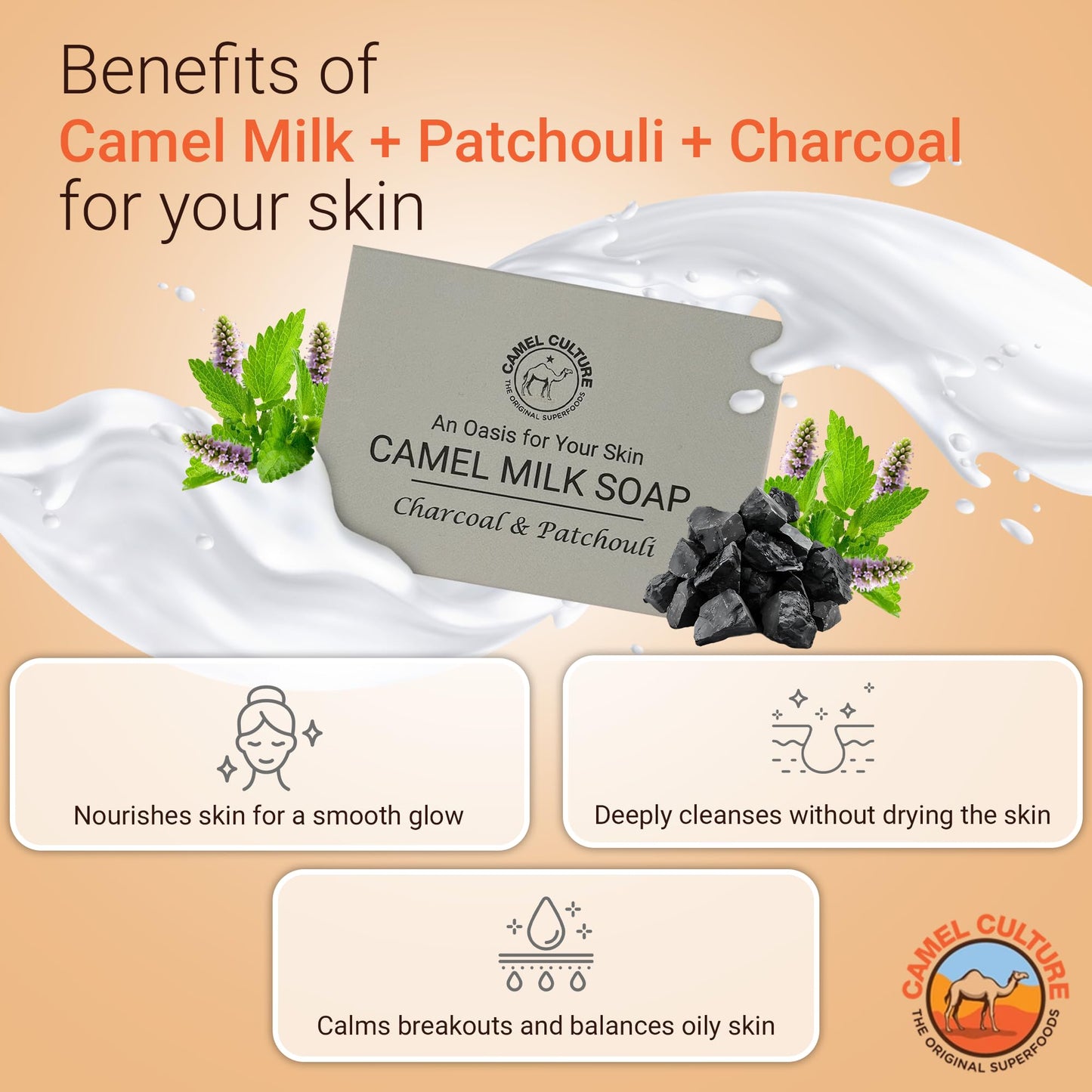CAMEL CULTURE Charcoal and Patchouli Bar Soap (3 Pack) - Handcrafted, Exfoliating Camel Milk Soap - Nourishing, Nutrient and Vitamin Rich Men's Body Beauty & Personal Care CAMEL CULTURE