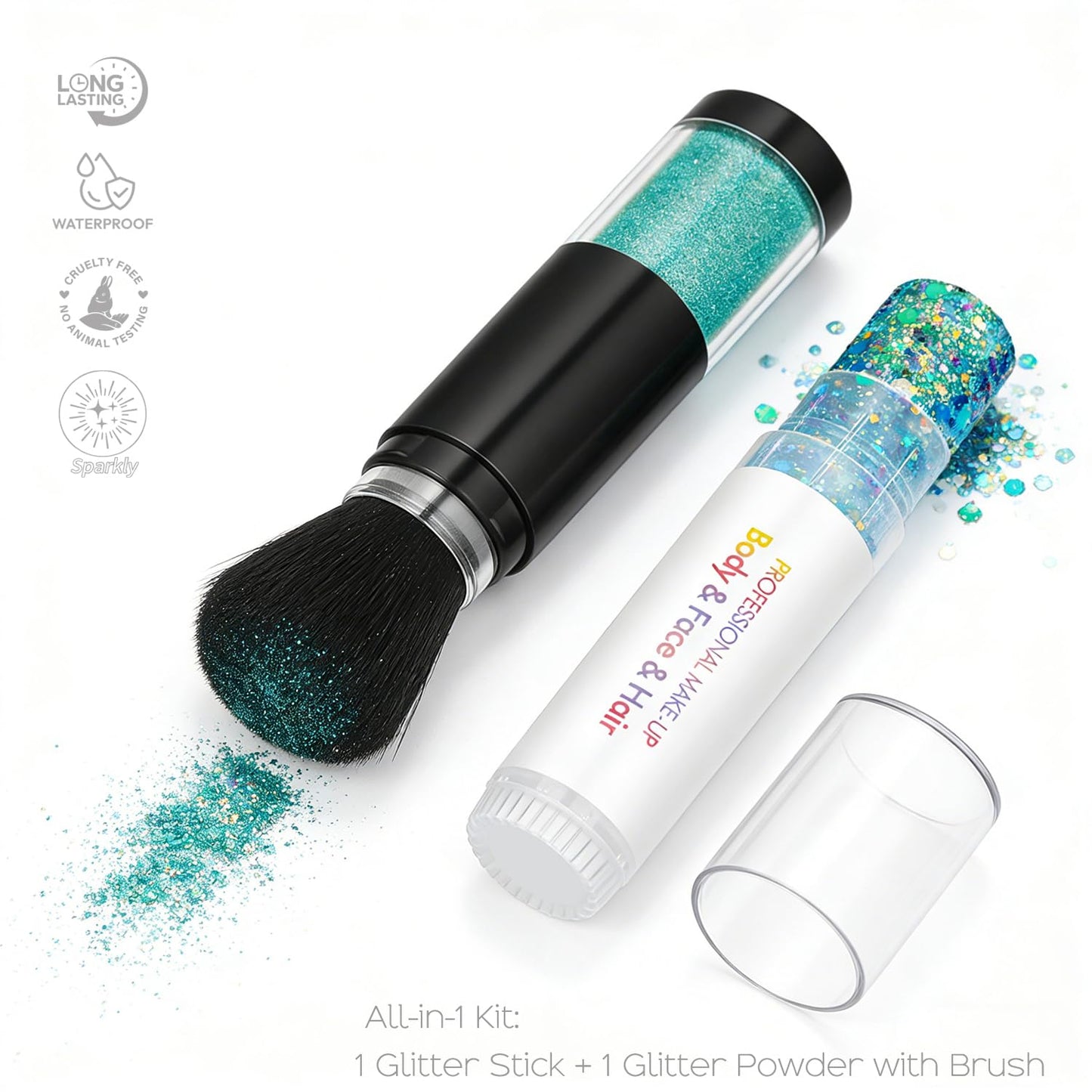 Holographic Mermaid Glitter Makeup Kit: 2-in-1 Body & Face Stick & Loose Powder with Built-in Brush for Festival, Rave, Concert, Carnival | Shimmery Beauty & Personal Care FindinBeauty