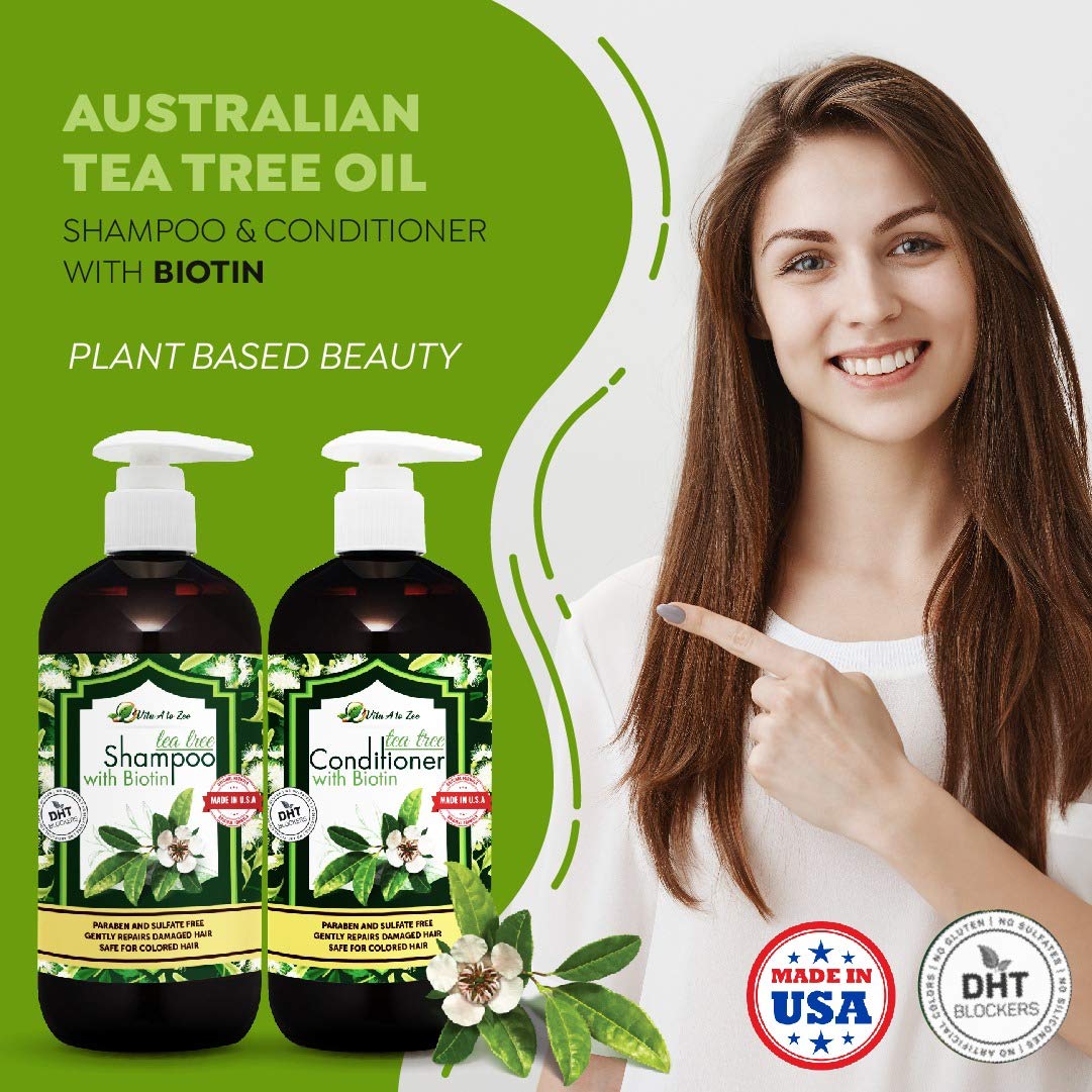 Tea Tree Oil & Biotin Shampoo & Conditioner Set for Men & Women | Professional Strength Formula | Refreshes & Stimulates Hair & Scalp | Moisturizing Beauty & Personal Care Vita A to Zee