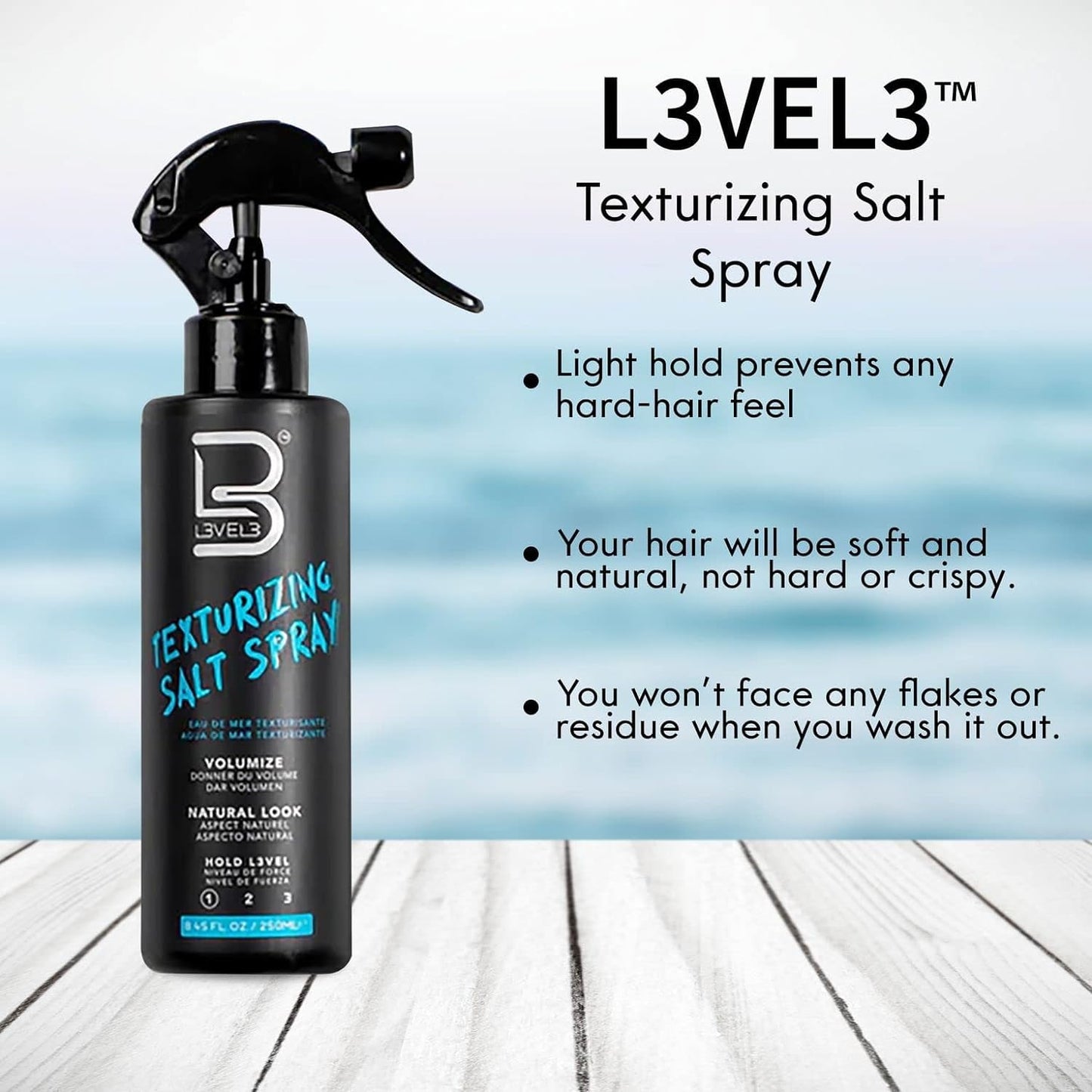 L3 Level 3 Sea Salt Texturizing Spray - Creates Beachy Waves and Texture - Light Hold - Casual Hair Finish (8.45 Fl Oz) Beauty & Personal Care L3