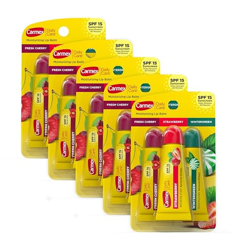 Carmex Daily Care Moisturizing Lip Balm Tubes with SPF, Fresh Cherry, Strawberry and Wintergreen Lip Balm Pack, 0.35 OZ - (5 Packs of 3) Beauty & Personal Care Carmex