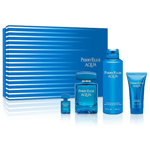 Perry Ellis Aqua 4-Piece Men Gift Set - Men Cologne Gift Set, Perfume, Fresh Fragrance Cologne Spray - 3.4 fl oz Eau de Toilette + .25 fl oz Mini Beauty & Personal Care Perry Ellis