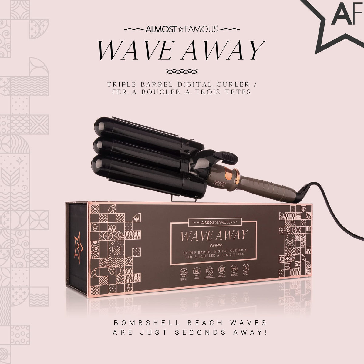 Almost Famous Wave Away Triple Barrel Clip Curling System, 3 Barrel Curling, Crimper with LCD Temp Display, Professional Beauty Tool, Temperature