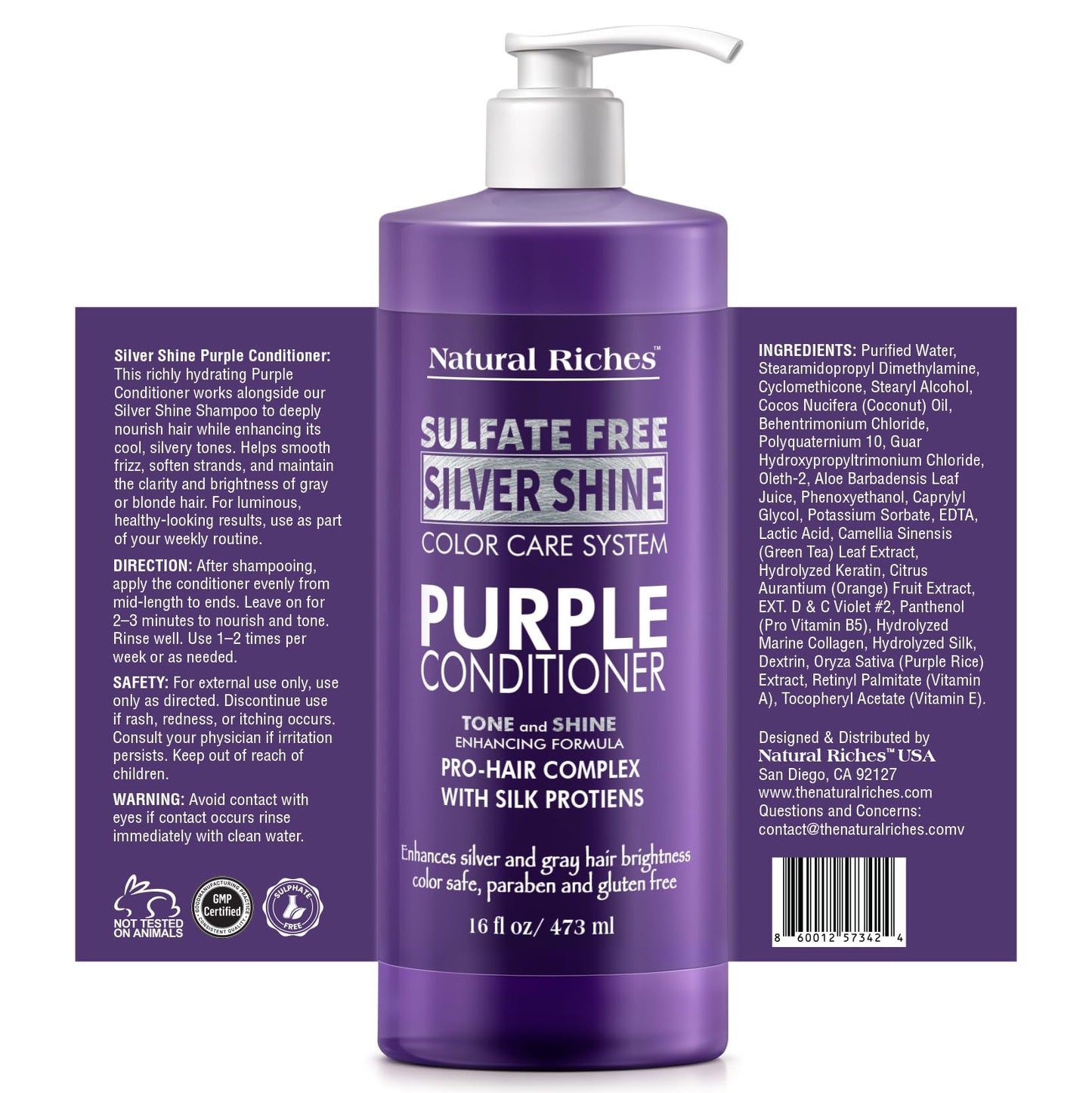 Natural Riches Radiant Silver Shine Purple Shampoo and Conditioner Set for Gray Hair - Paraben-Free and Color Safe - With Silk Proteins, Tones Dull Beauty & Personal Care Natural Riches