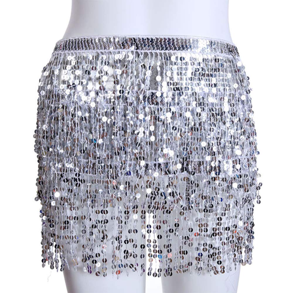 Aimimier Belly Dance Hip Skirt Sequins Tassel Scarf Multi-Layered Belly Belt Dance Wrap Rave Costume Performance Festival Dresses for Women (Silver) Beauty & Personal Care Aimimier