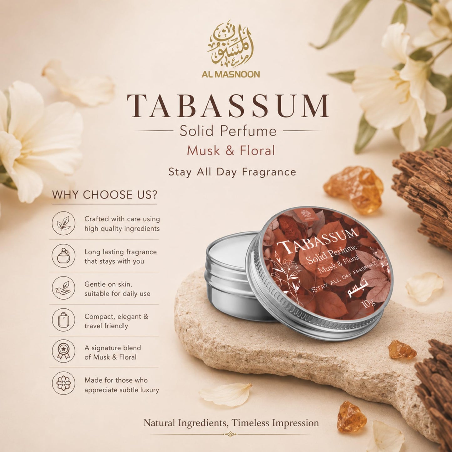 al masnoon Tabassum Solid Perfume 10g - Floral Musk Fragrance, Long-Lasting Deodorant for All-Day Freshness, Ideal Beauty and Personal Care al masnoon