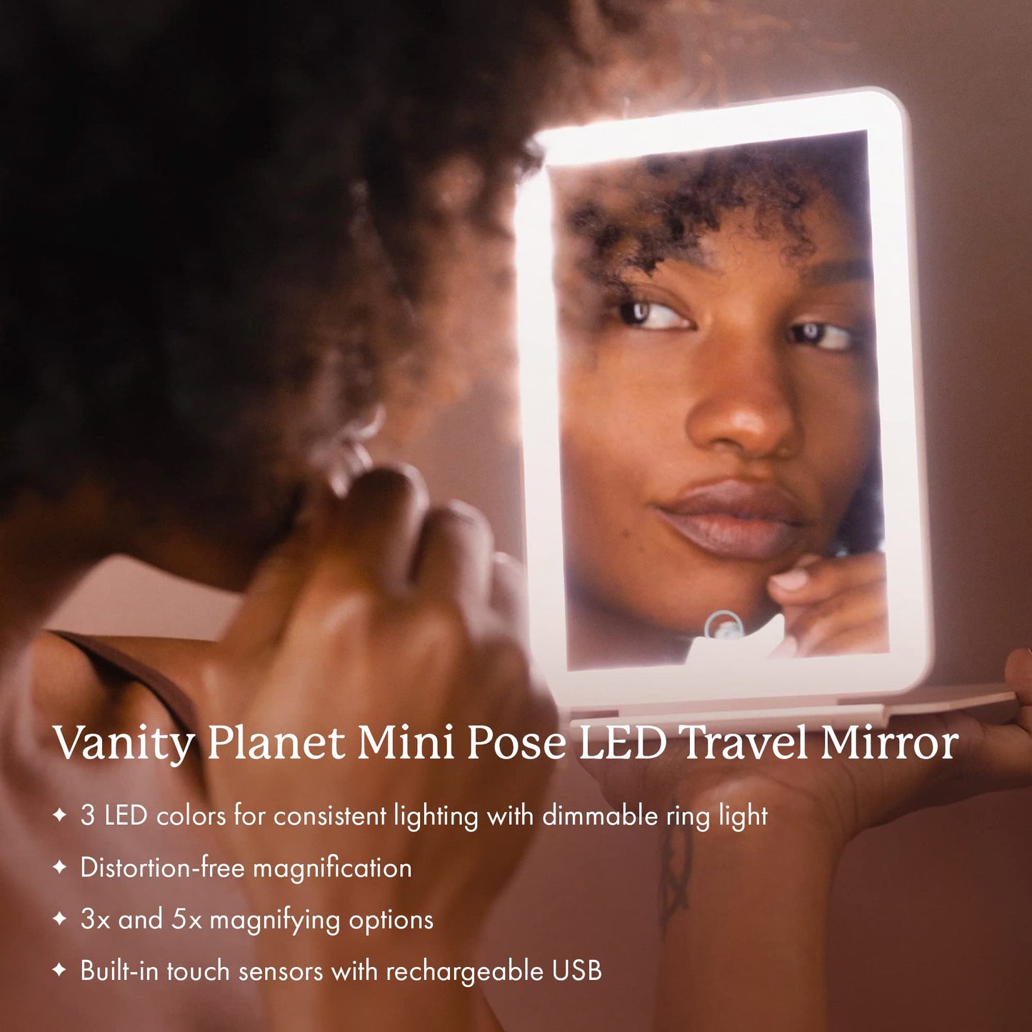 Vanity Planet Handheld Makeup Mirror with Lights, Mini Pose 2.0 (Blush) - Travel LED Mirror with 3X & 5X Magnification - Dimmable Lighting & Micro-USB Beauty & Personal Care Vanity Planet