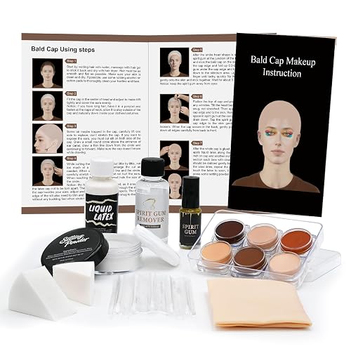 Bald Cap Halloween Makeup Kit for Men & Woman, Complete Bald Cap Costume Character Set , SFX Makeup Kit, Professional Realistic Bald Cap Kits Beauty & Personal Care Js2U ZW