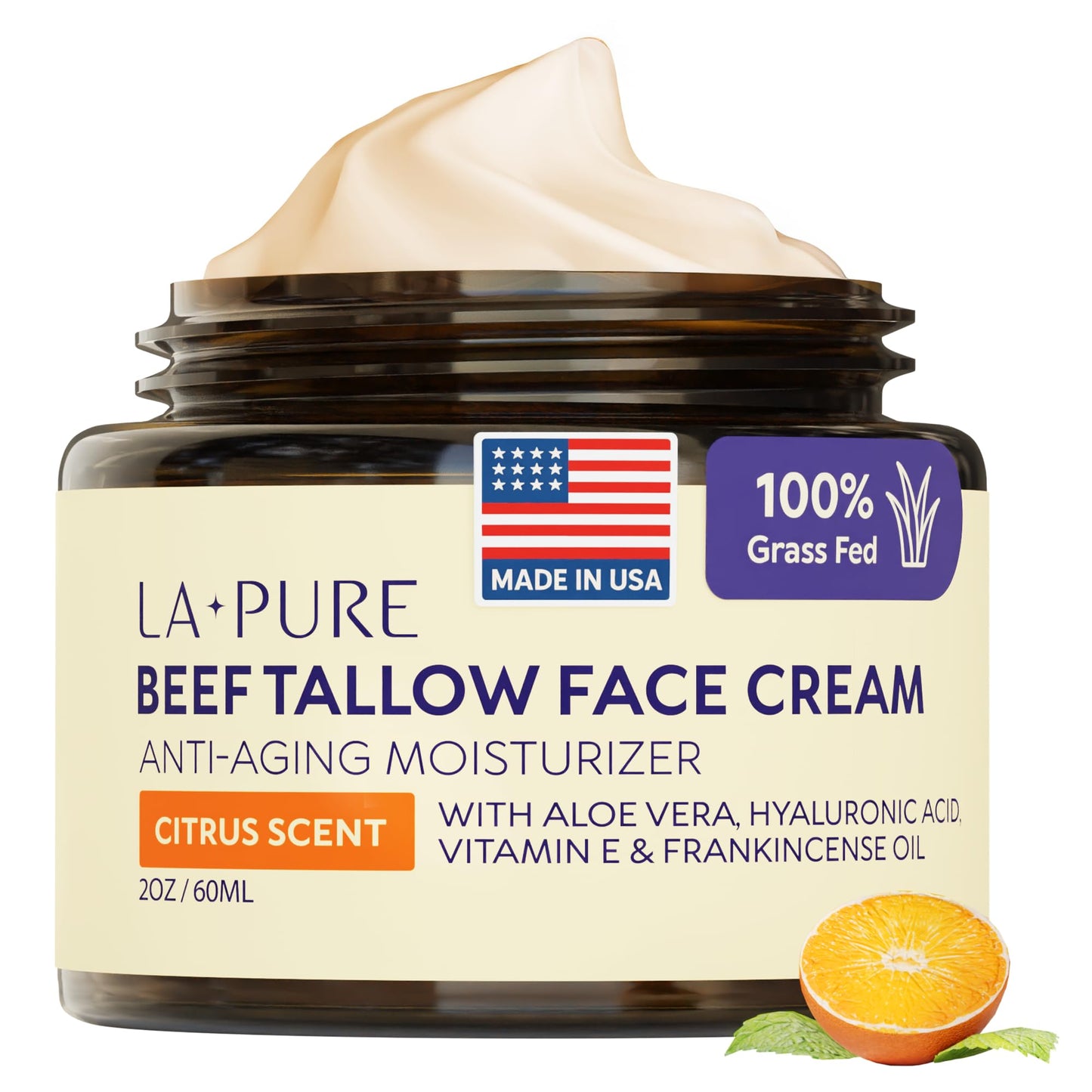 LA PURE Beef Tallow for Skin, Grass-Fed Tallow Face Cream with Aloe Vera, Hyaluronic Acid, Frankincense & Vitamin E to Hydrate, Firm, and Smooth Skin Beauty & Personal Care LA PURE