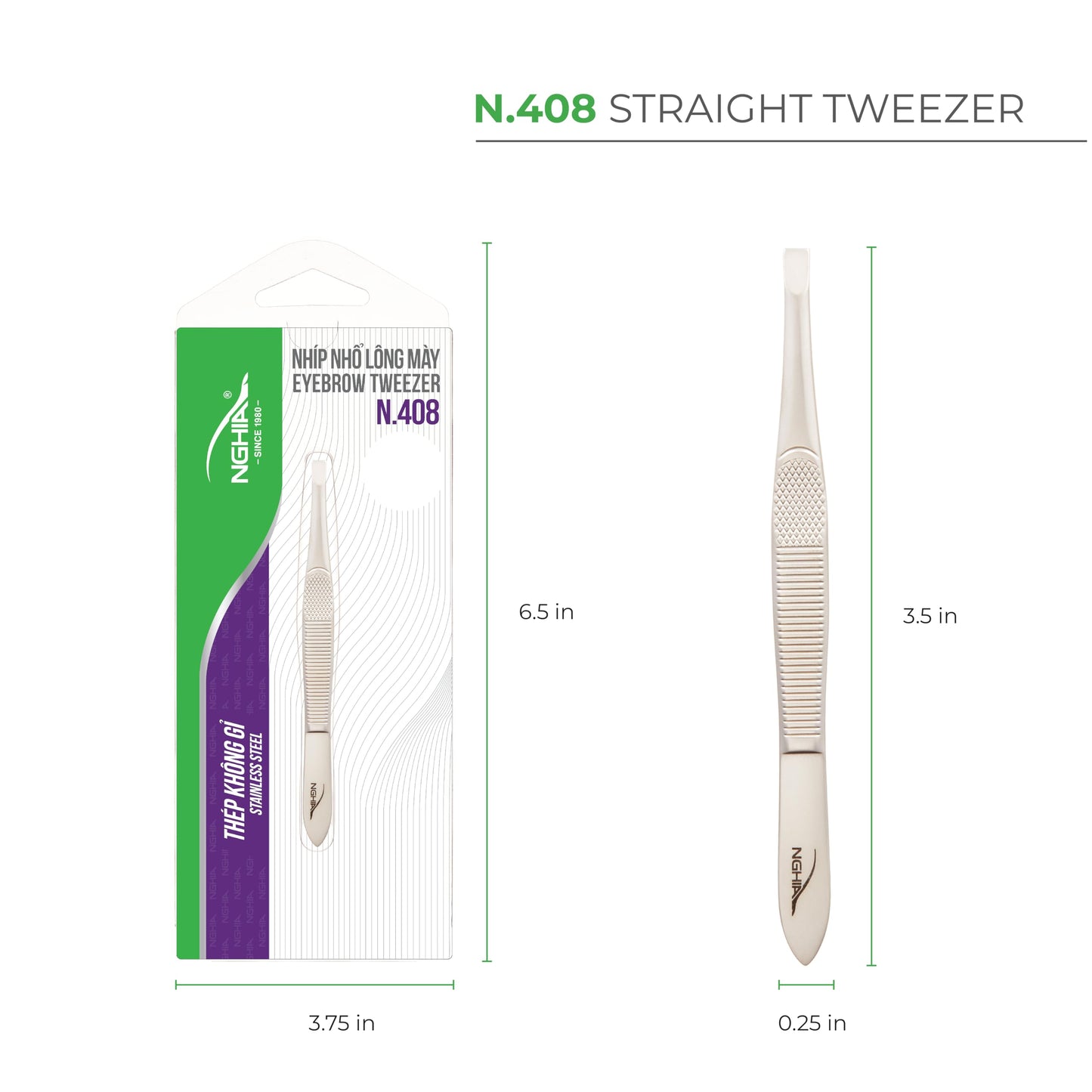NGHIA Straight Tip Tweezer - N-408 - Gold Plated Stainless Steel - Ergonomic Eyebrow Tweezer for Precision Grooming - Hair Removal - Professional Beauty and Personal Care Nghia