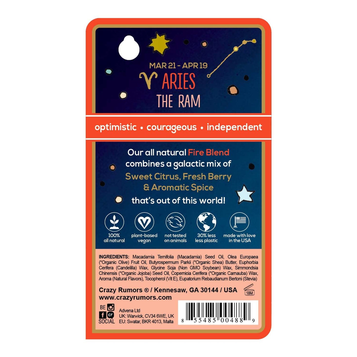 Crazy Rumors Aries Zodiac All Natural, Plant Based Lip Balm to Moisturize and Nourish your Lips - Fire Blend (Sweet Orange, Fresh Berry, Aromatic Beauty & Personal Care Crazy Rumors