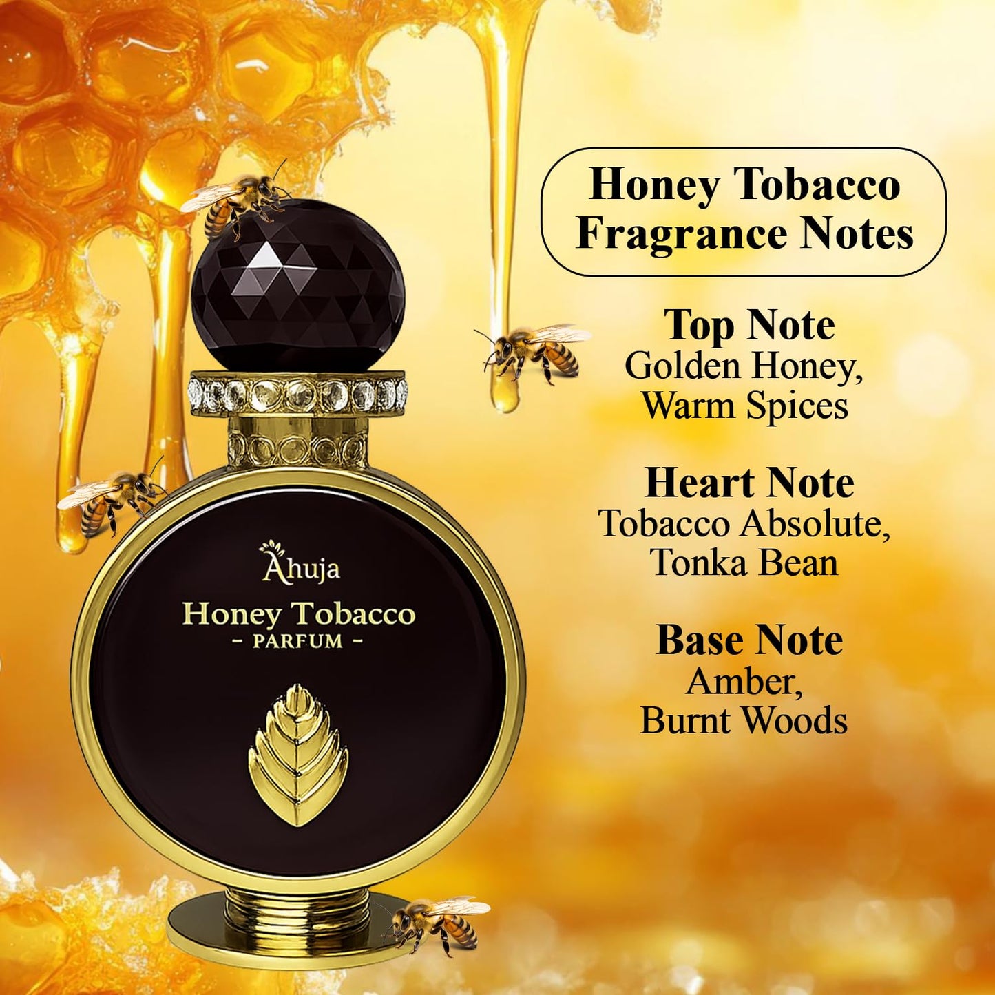 AHUJA Honey Tobacco - 3.4 oz Parfum | Unisex Warm Smoky Scent | 30% Long Lasting Oil | Tobacco Absolute, Honey, Tonka, Amber, Burnt Woods,Luxury Brown Beauty & Personal Care AHUJA