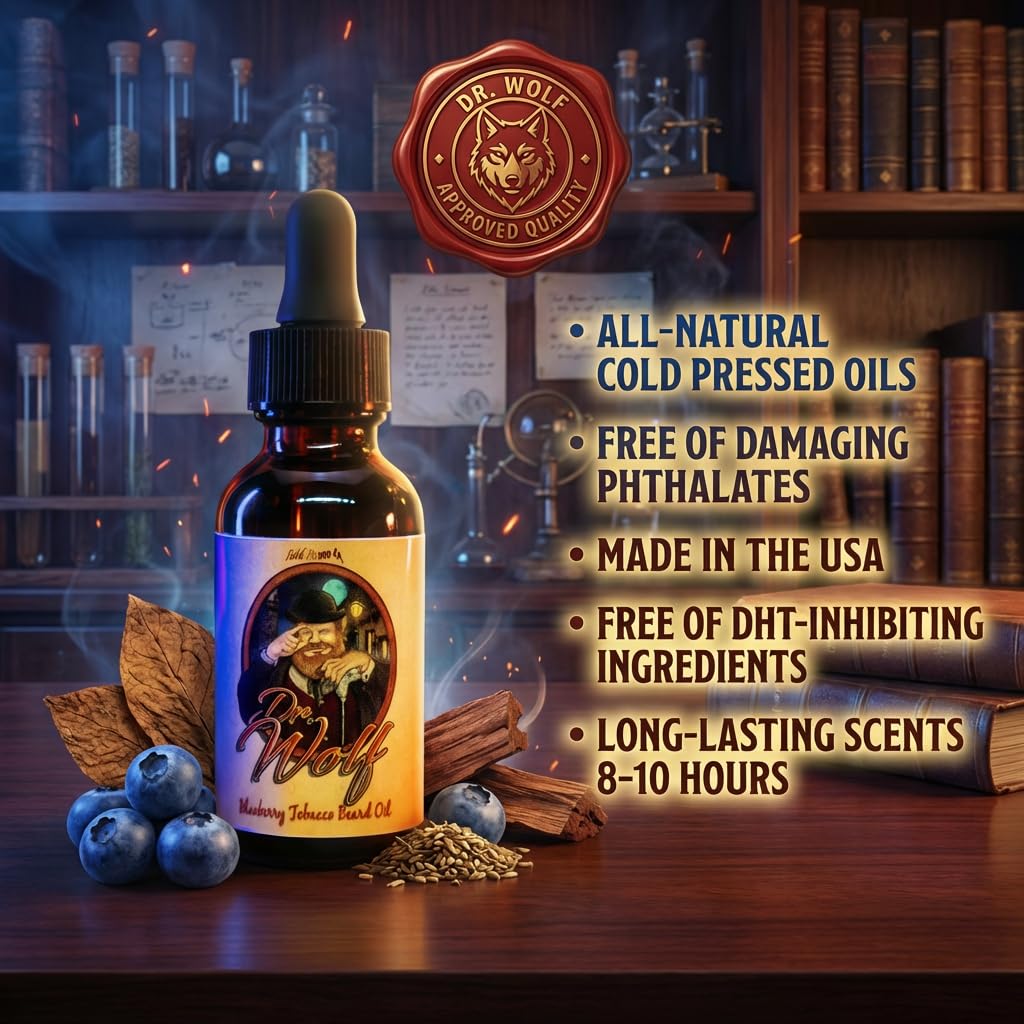 Fable Beard Co. Beard Oil - Dr. Wolf, Fresh Blueberries, Warm Tobacco, & Aged Mahogany, Natural Beard Oil for Men with Jojoba & Argan Oils, Vitamin E Beauty and Personal Care Fable Beard Co.