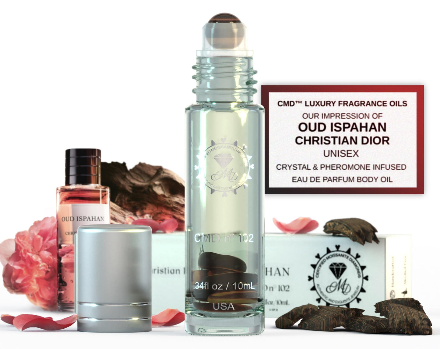 CMD Luxury Dubai Fragrance Perfume Oil Pheromones Infused, Roll On, Oud Ispahan Inspired, Natural Tigers Eye Crystal Rollerball, EDP Body Oil Roller Beauty & Personal Care CERTIFIED MOISSANITE DIAMONDS CMD AUTHENTIC AND EXQUISITE JEWELRY