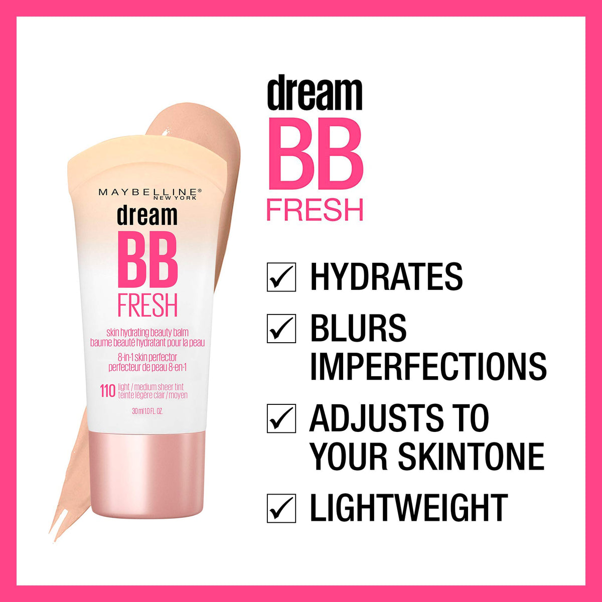 Maybelline Dream Fresh Skin Hydrating BB cream, 8-in-1 Skin Perfecting Beauty Balm with Broad Spectrum SPF 30, Sheer Tint Coverage, Oil-Free, Medium