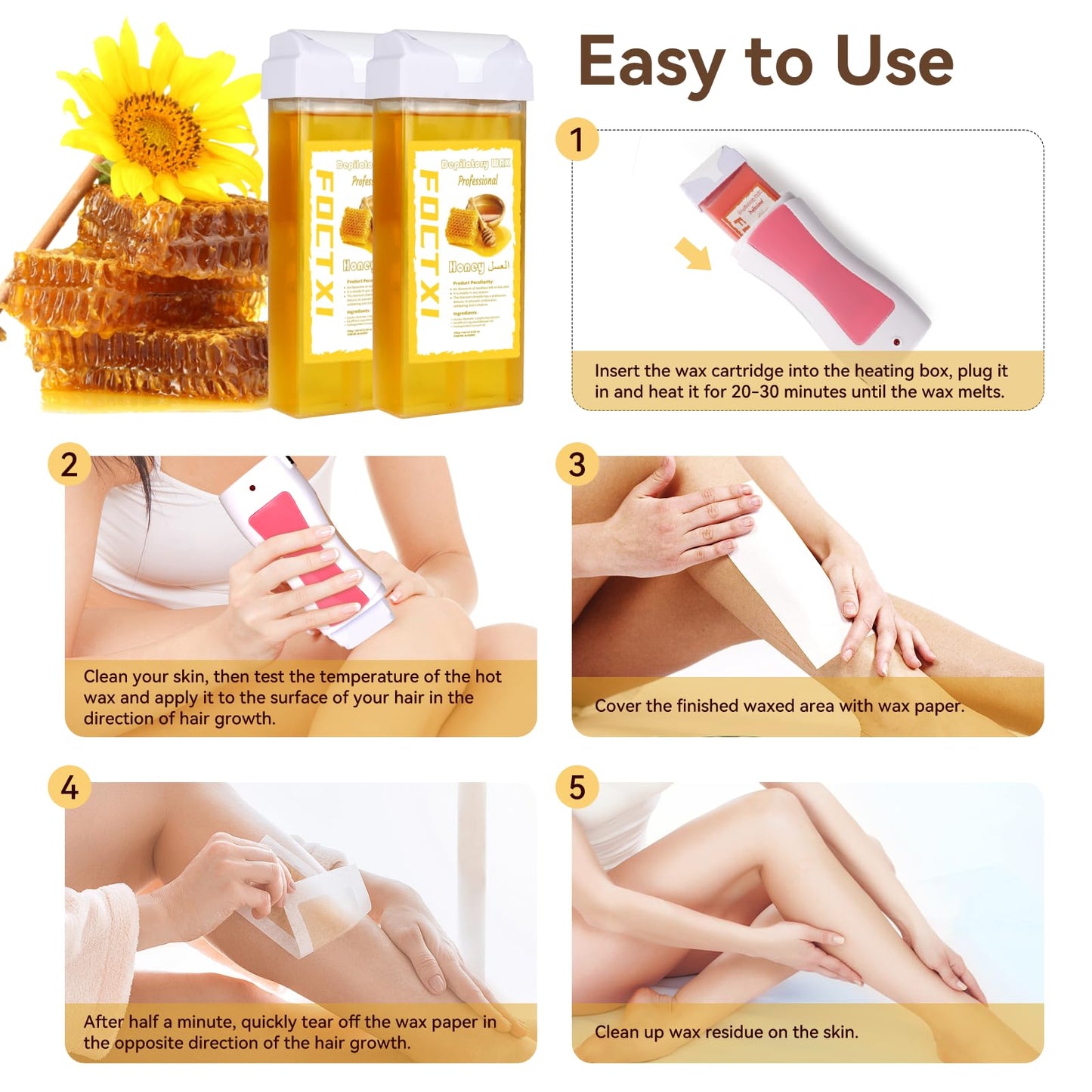 FOCTXI Roll On Waxing Kit for Sensitive Skin - Hair Removal with 2 Honey Soft Wax Cartridges and 100 Non-Woven Wax Strips, 10 Wipes Beauty and Personal Care FOCTXI