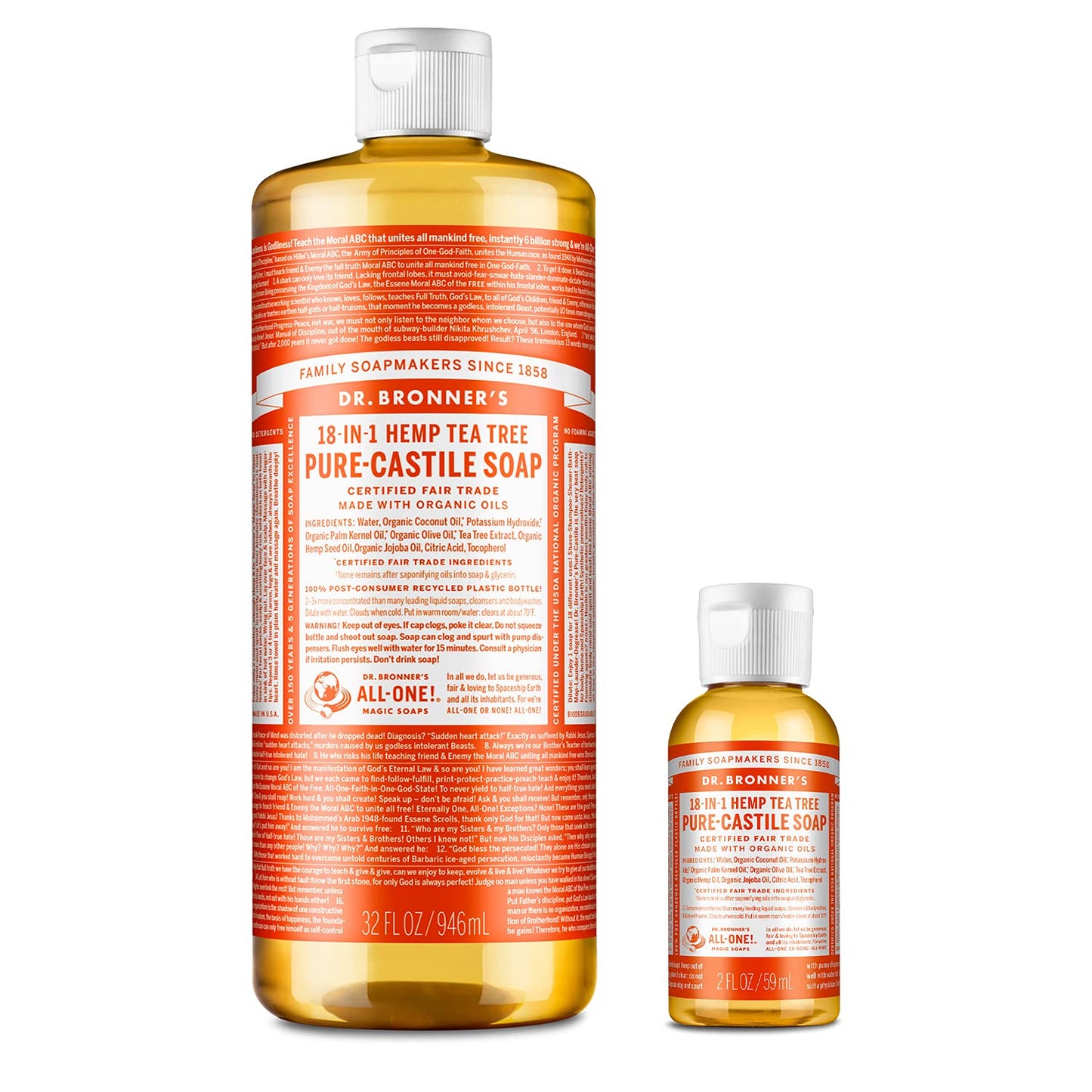 Dr. Bronner's Pure-Castile Liquid Soap - Tea Tree Bundle. 32 oz. Bottle and 2 oz. Travel Bottle Beauty & Personal Care Dr. Bronner's