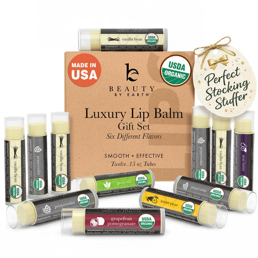 USDA Organic Lip Balm - USA Made with Natural Ingredients - 12-Pack (6 flavors) - Beeswax, Coconut Oil, Vitamin E - Moisturizing Chapstick for Dry Beauty & Personal Care Beauty by Earth