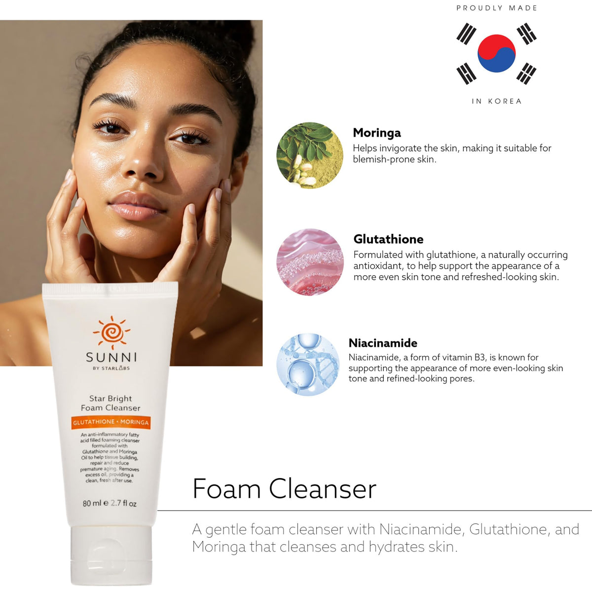 Hansi Naturals Korean SUNNI Star Bright Foam Cleanser 80ml 2.7fl oz. Glutathione - Moringa Oil