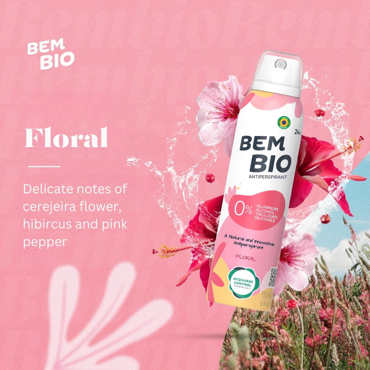 Bem Bio Floral Biotranspirant Deodorant Natural, Aluminum-Free, Vegan, 24-Hour Protection, 150ml (5.07 fl oz) Beauty and Personal Care BEM BIO