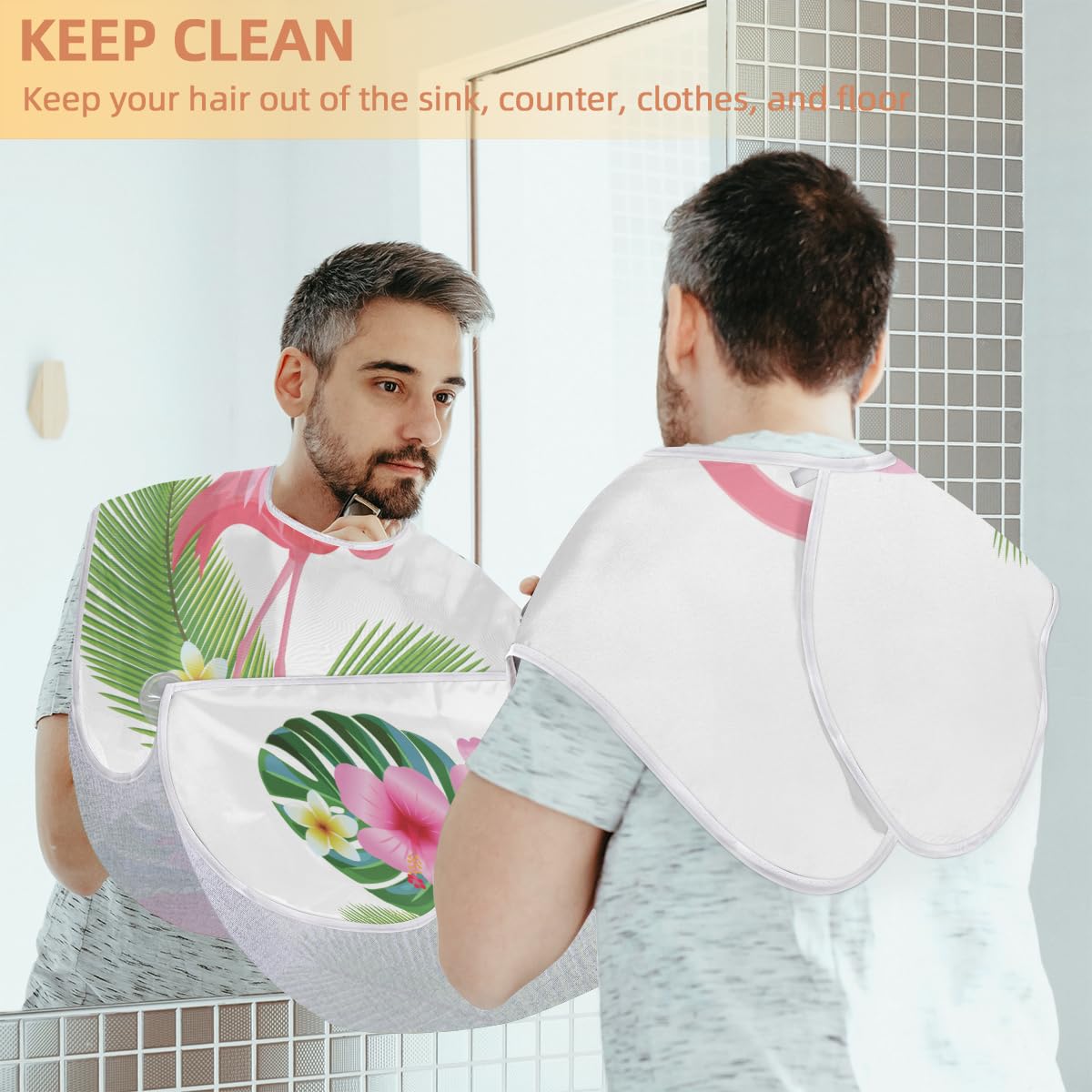 Hsnar Nice Flowers Flamingo Beard Bib Beard Hair Catcher for Men Shaving Waterproof Non-Stick Hair Catcher Grooming Cloth with 2 Suction Cups Beauty and Personal Care Hsnar