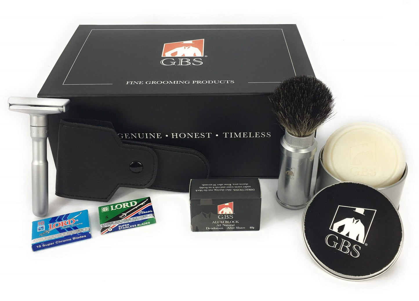 G.B.S Men's Futur Adjustable DE Safety Razor with Badger Brush, Chrome Brush and Alum block, leather case, Ocean Driftwood Shave Soap + Tin w/Lid Beauty and Personal Care G.B.S
