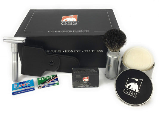 G.B.S Men's Futur Adjustable DE Safety Razor with Badger Brush, Chrome Brush and Alum block, leather case, Ocean Driftwood Shave Soap + Tin w/Lid Beauty and Personal Care G.B.S