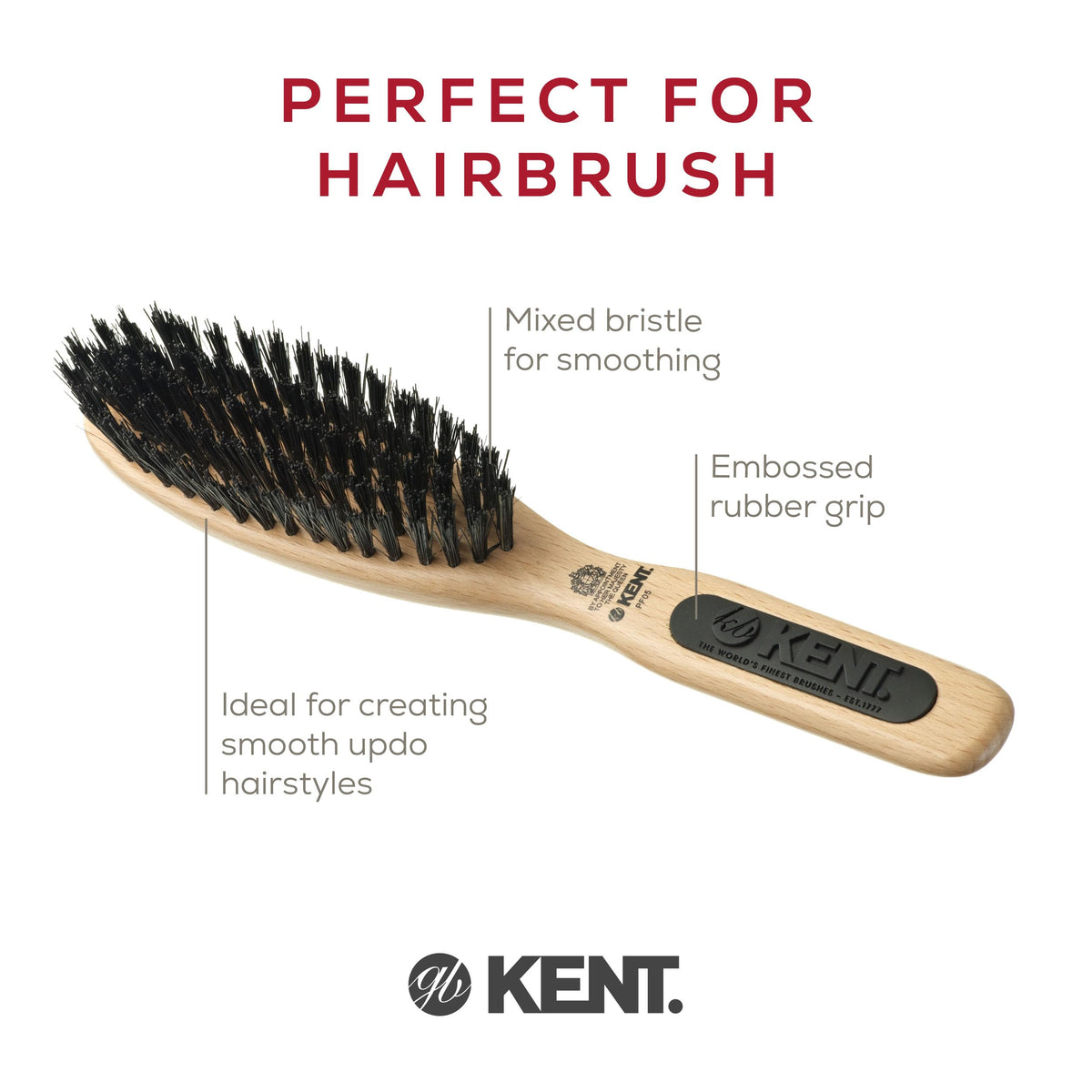 Kent PF05 Narrow Oval Hair Brush, Pure Boar Bristle and Wood for Shaping, Straightening and Grooming Brush for Revitalizing Short to Medium Length