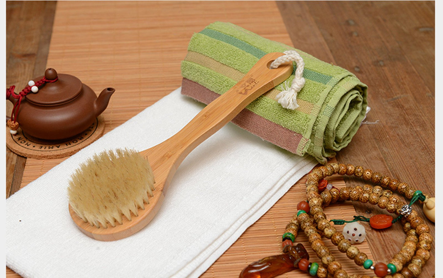 AnHua®Natural Bristle Middle Long Handle Wooden Shower Body Bath Brush Round Head Beauty and Personal Care JIAHAO