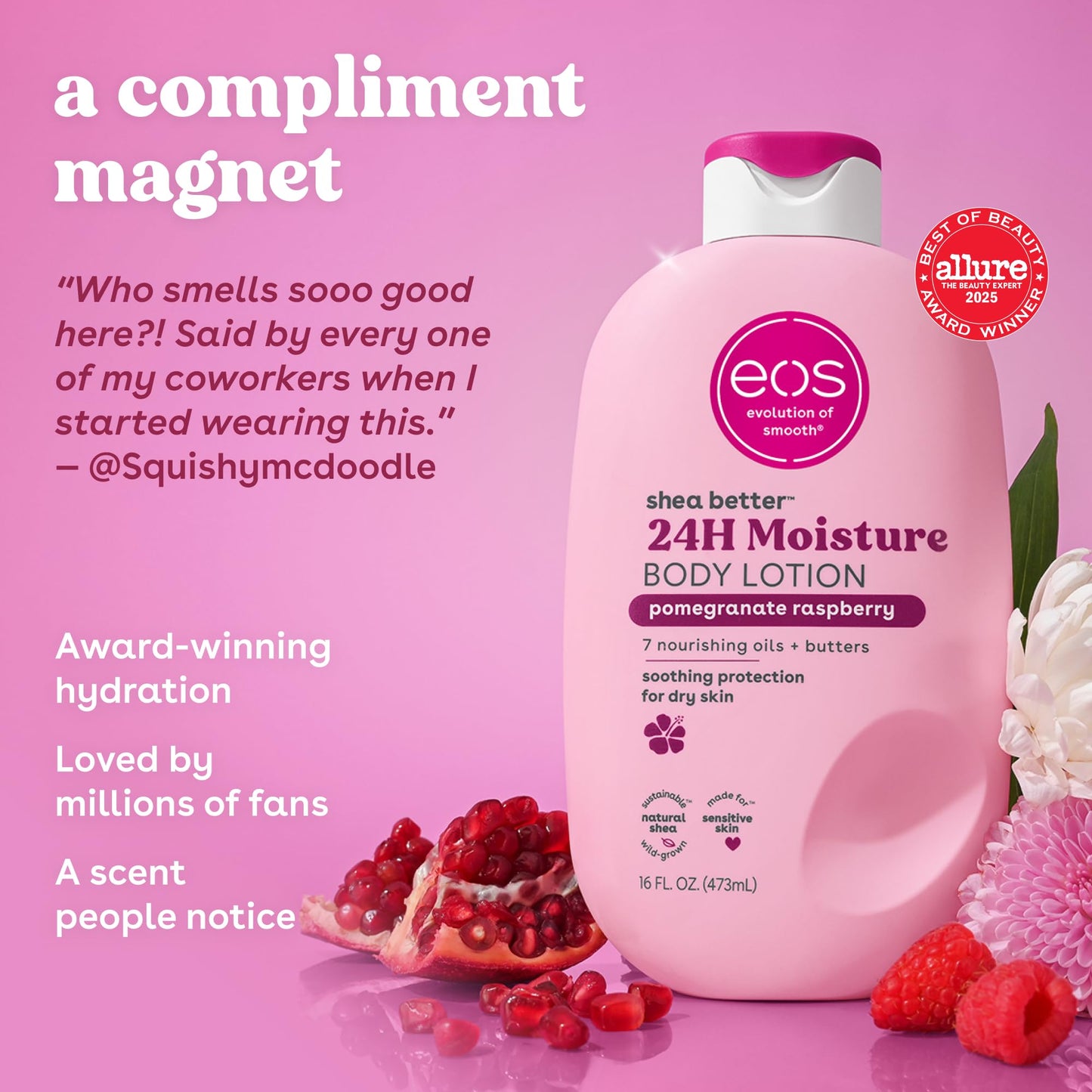eos Shea Better Body Lotion Pomegranate Raspberry, 24-Hour Moisture Skin Care, Lightweight & Non-Greasy, Natural Shea, Vegan, 16 fl oz Beauty & Personal Care eos