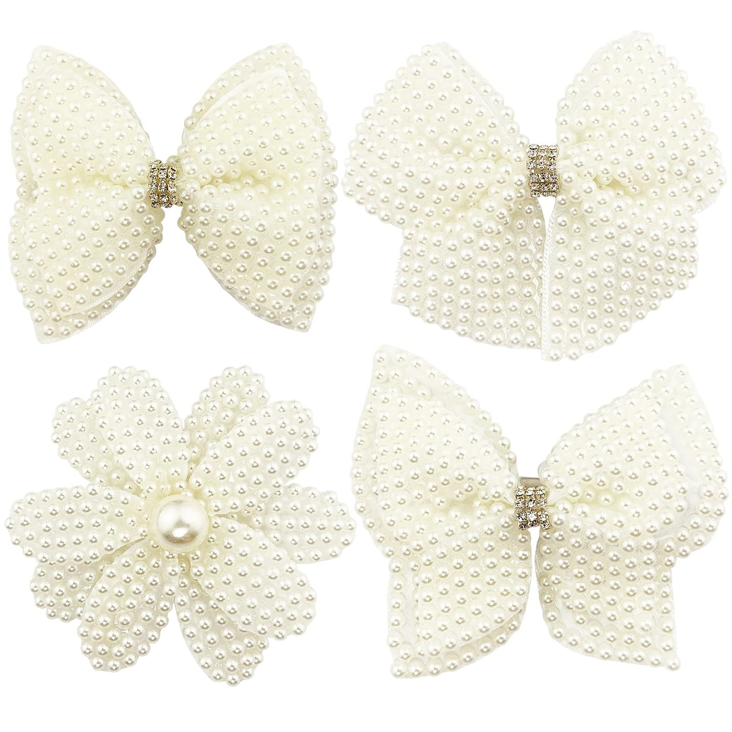 Pearls White Hair Bows for Girls, 4 Pieces Elegant Flower Rhinestone Alligator Hair Clips Beads Hairgrip for Women Teens Beauty & Personal Care BETITETO