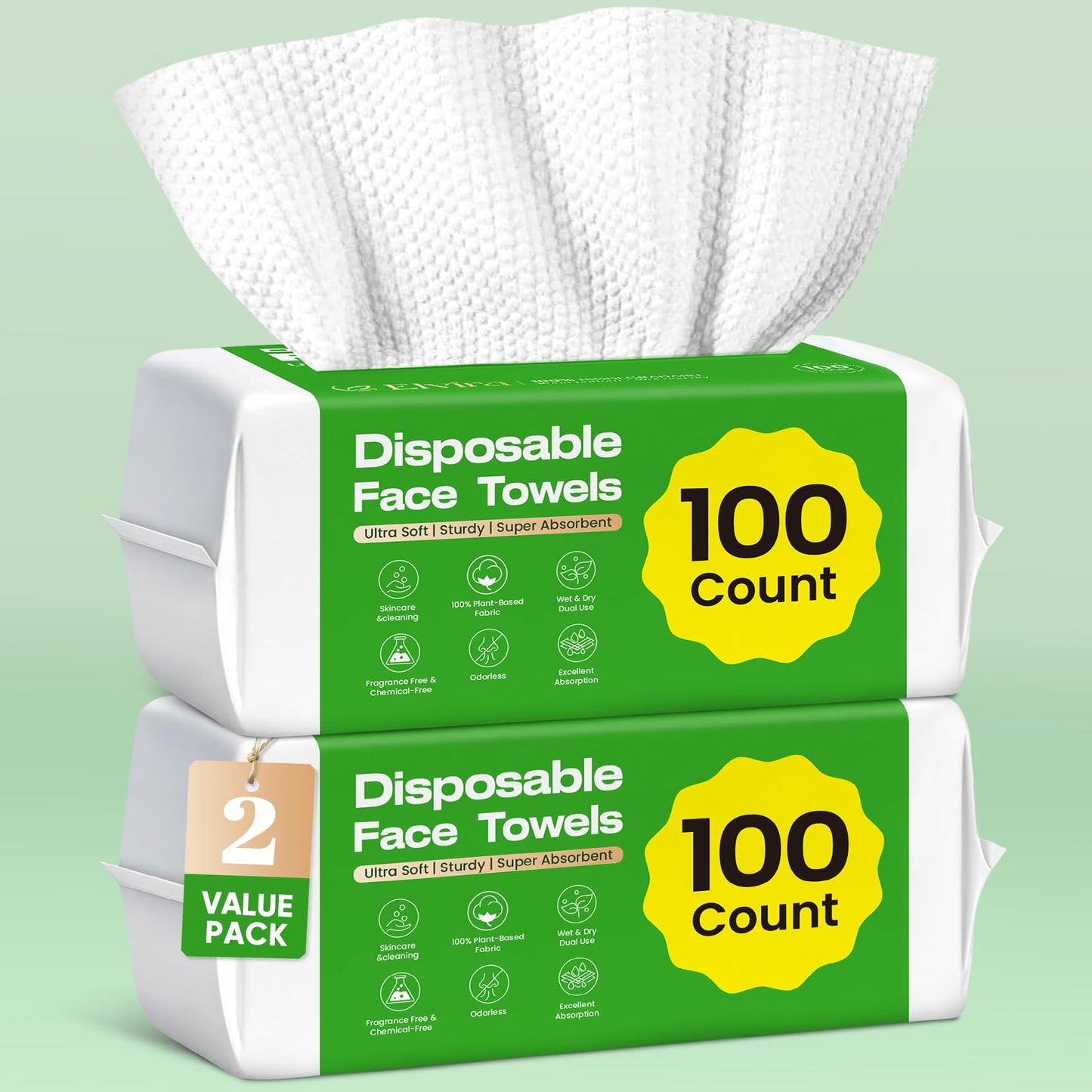 Elvira 200 Count (2 Pack) Disposable Face Towels, Biodegradable Skincare Facial Cleansing Towels, Ultra Soft & Thick Makeup Remover Dry Wipes Beauty and Personal Care Elvira Default Title